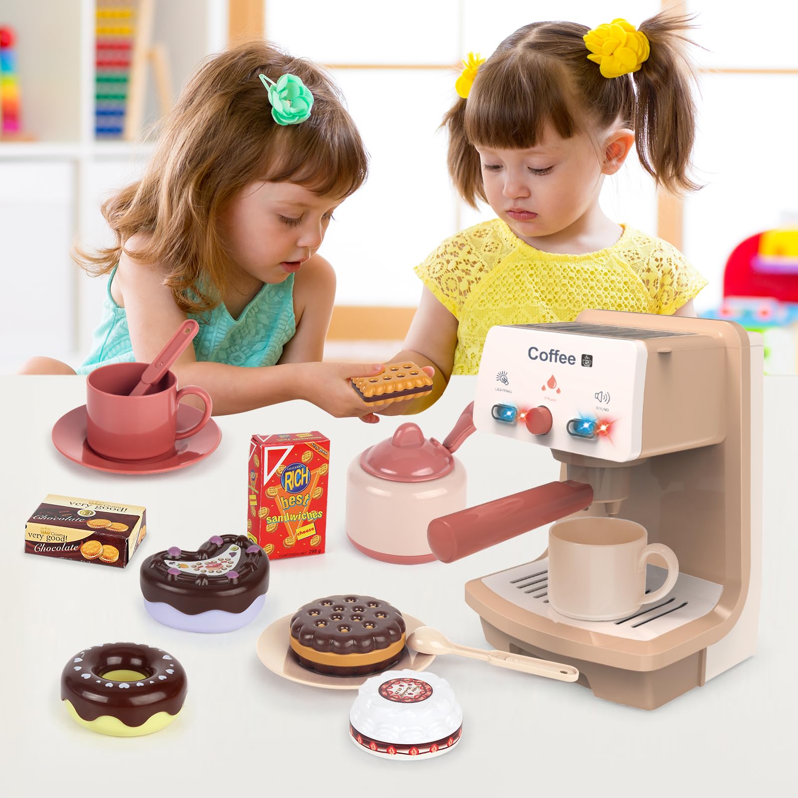 **Kids Pretend Play Coffee Maker Toy Set - Realistic Espresso Machine with Lights & Sounds for Imaginative Play - Perfect for Role-Playing & Kitchen Fun**