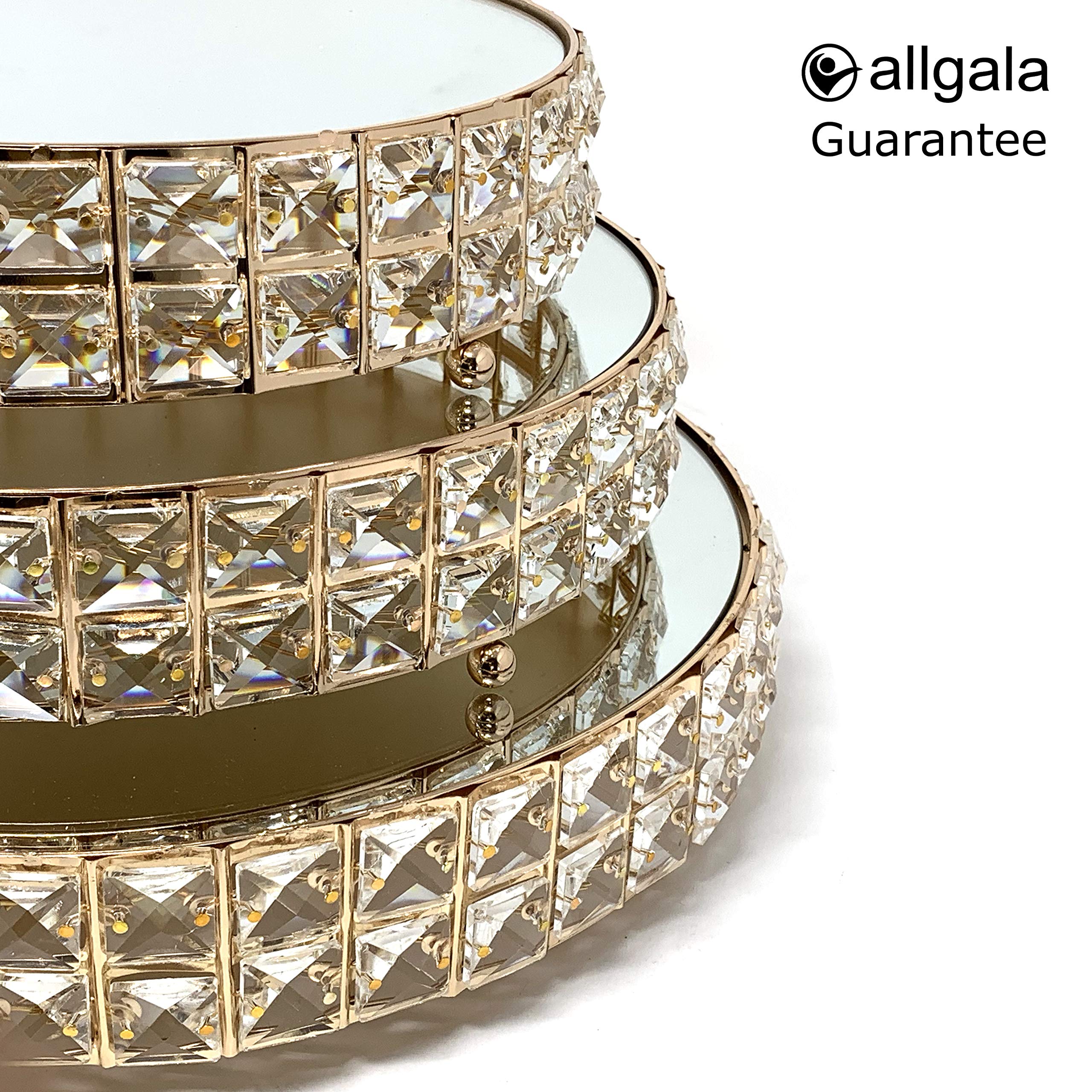 Allgala 3-Piece Gold Plated Crystal Wedding Cake Stand Set with Mirror Plate - Elegant Dessert Display for Cupcakes, Cheese & Cakes - Perfect for Weddings, Birthday Parties & Special Events (HD89202)