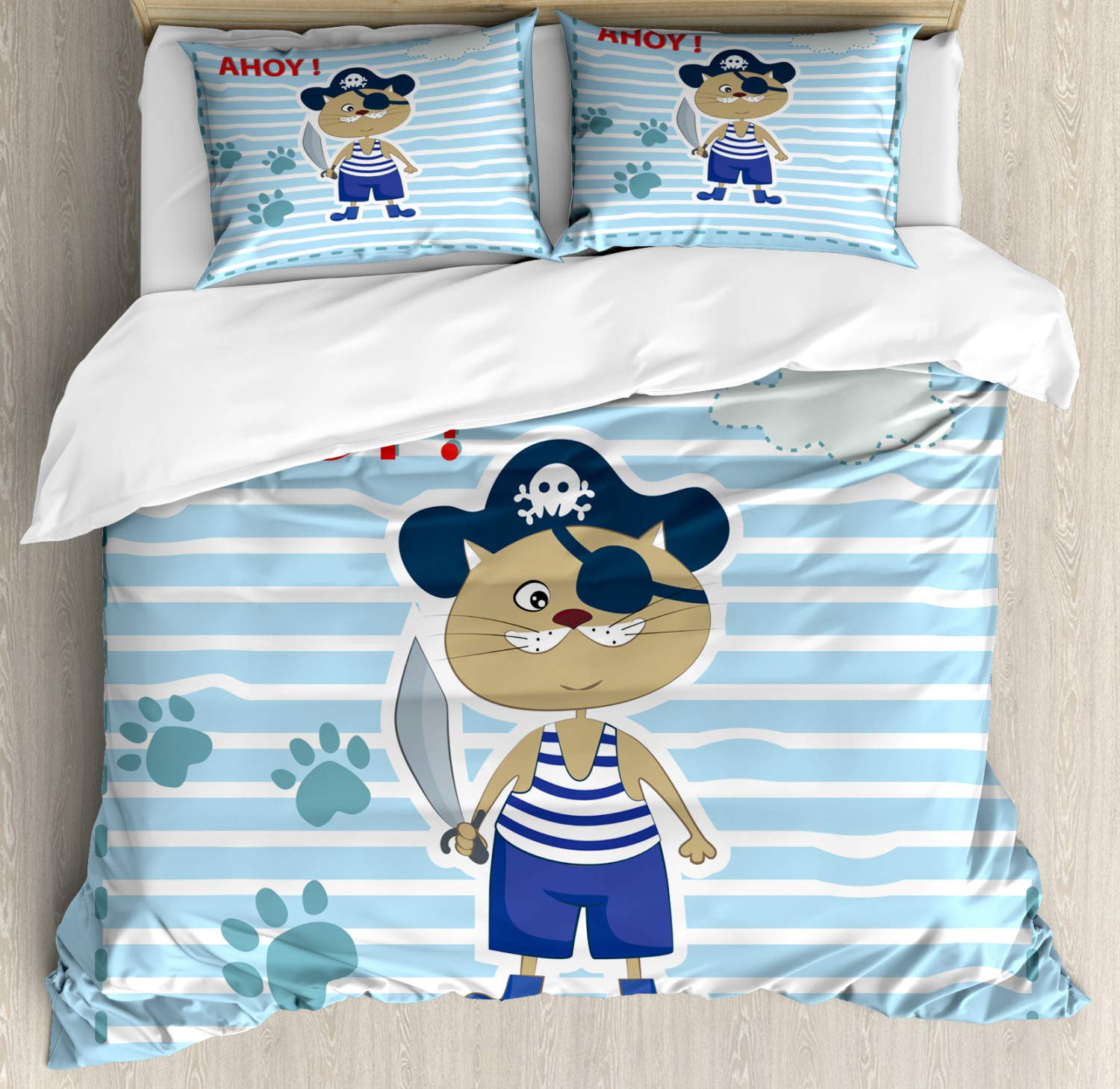 Ambesonne Cat Pirate Duvet Cover Set - Funny Paws & Clouds Maritime Striped Design, 2-Pack California King Size Bedding (Violet Blue Turquoise) for Themed Bedrooms, Pirate Party Decor, or Unique Gift Idea