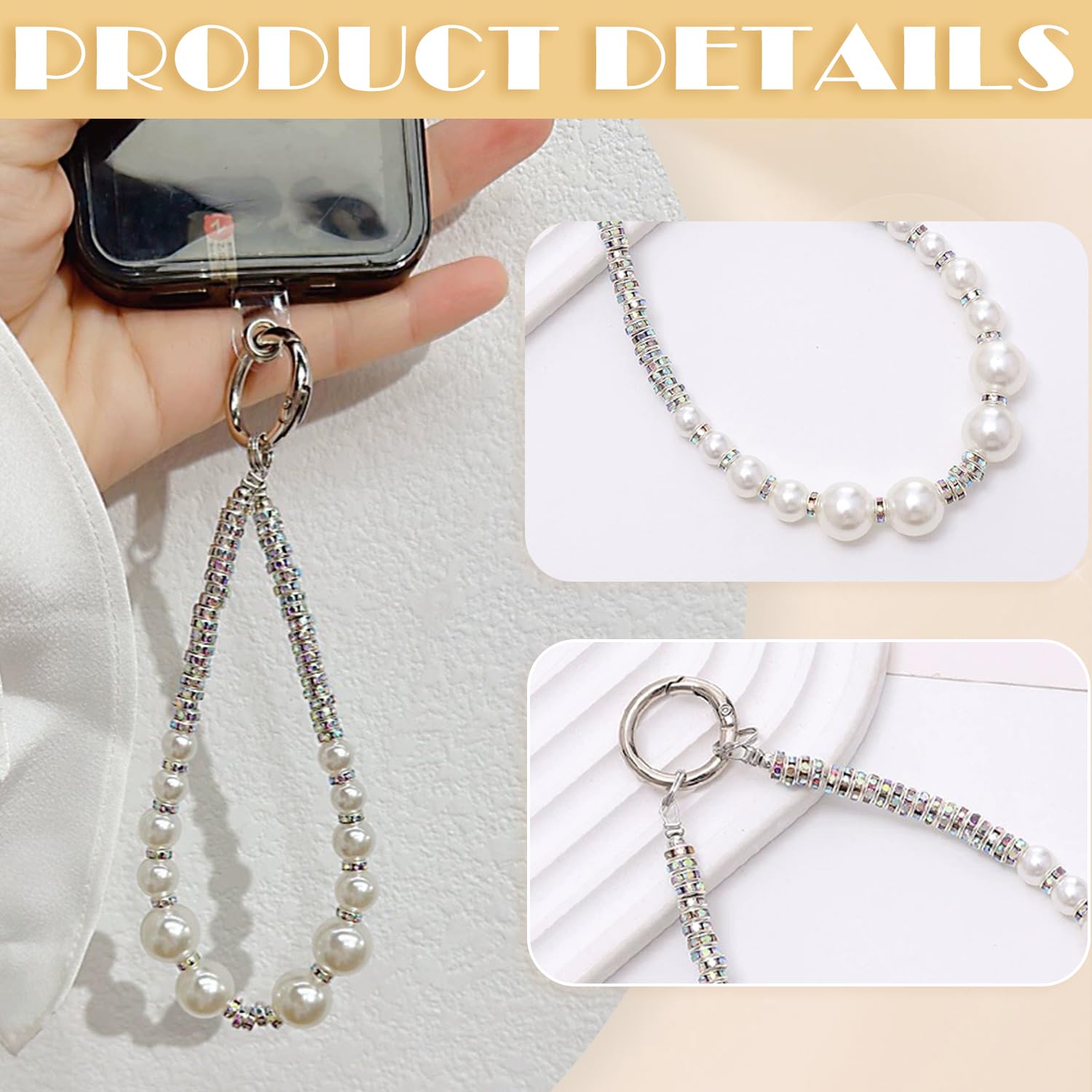 2 Pack Pearl Beaded Phone Wrist Strap - Detachable Hands-Free Wristlet Bracelet with Tether Tab for iPhone & Android - Perfect for Shopping, Travel & Outdoor Activities