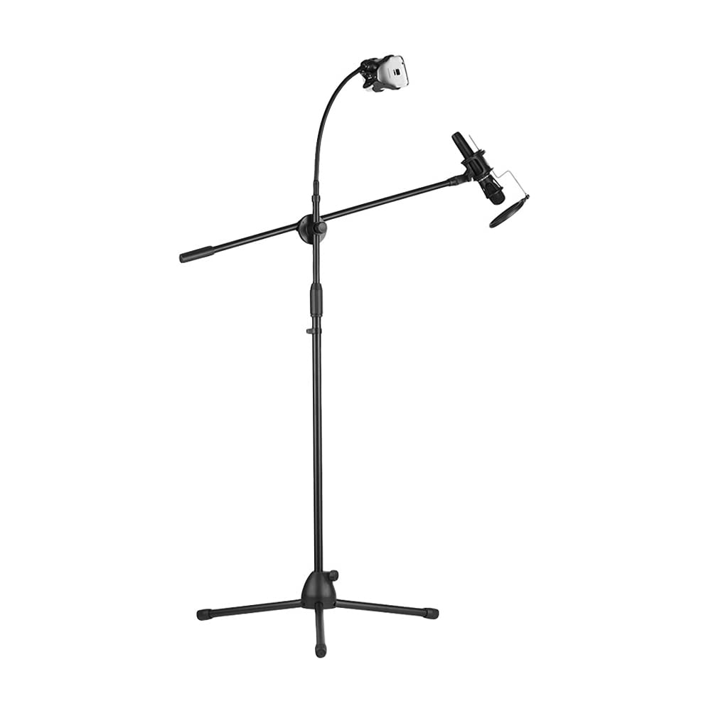 Professional Adjustable Metal Microphone Stand with Boom Arm - 3 Mic Holders & Smartphone Mount for Studio Recording, Podcasting, Live Streaming & Outdoor Performances