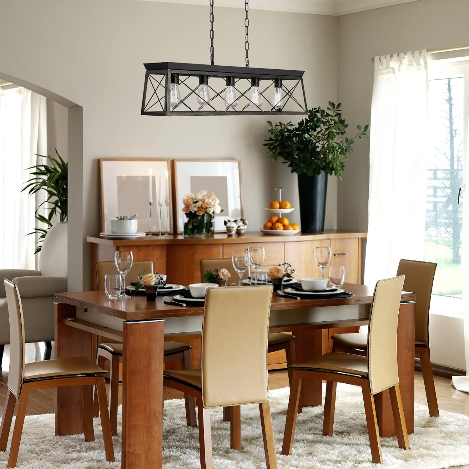 5-Light Black & Gold Industrial Chandelier - Modern Hanging Pendant Light for Kitchen Island & Dining Room | Farmhouse & Contemporary Home Decor | Perfect for Kitchen Lighting, Breakfast Nook & Dining Area