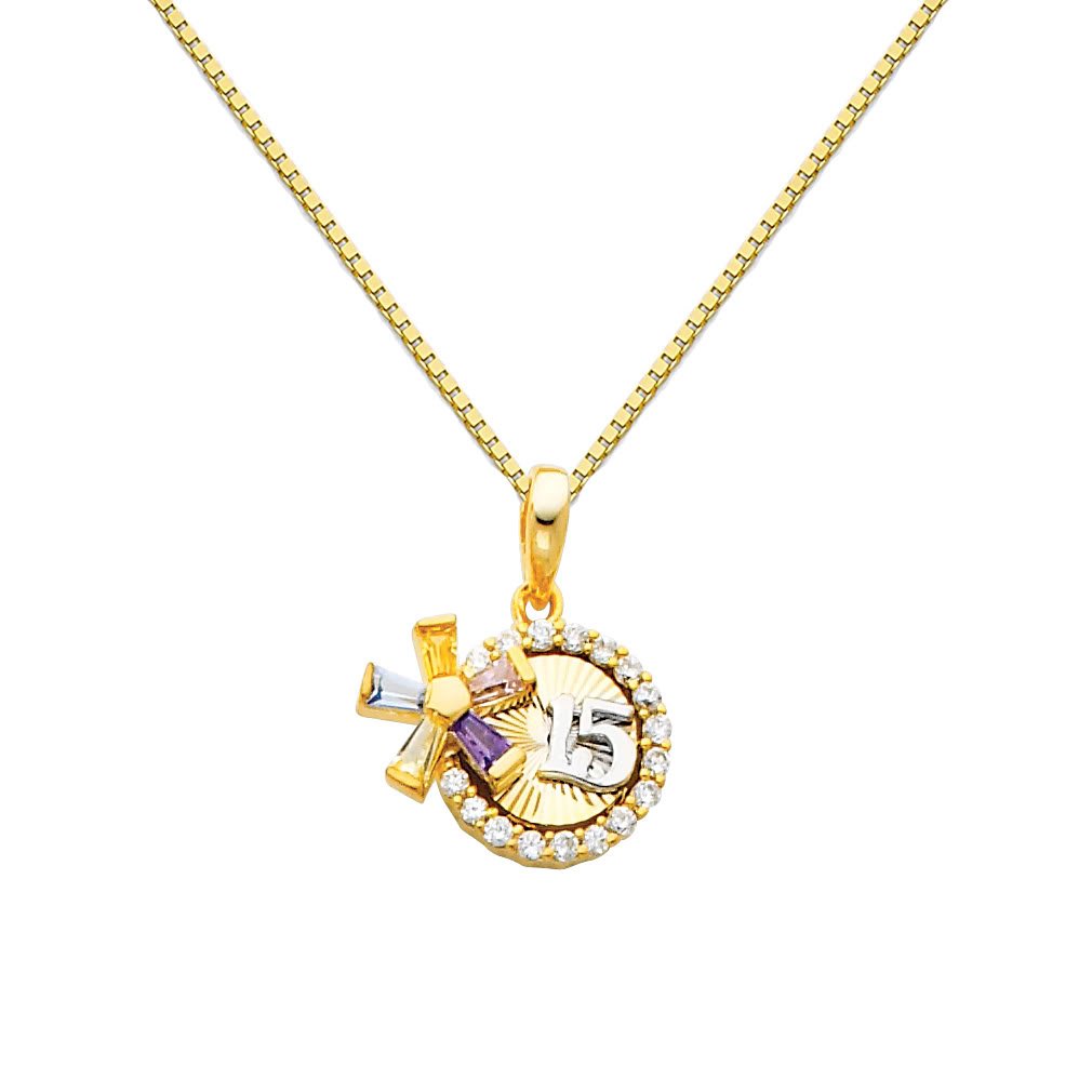 14K Two-Tone Gold 15th Birthday CZ Pendant Necklace with 0.8mm Box Link Chain - Perfect Gift for Quinceañera, Sweet 16, Graduation & Special Occasions