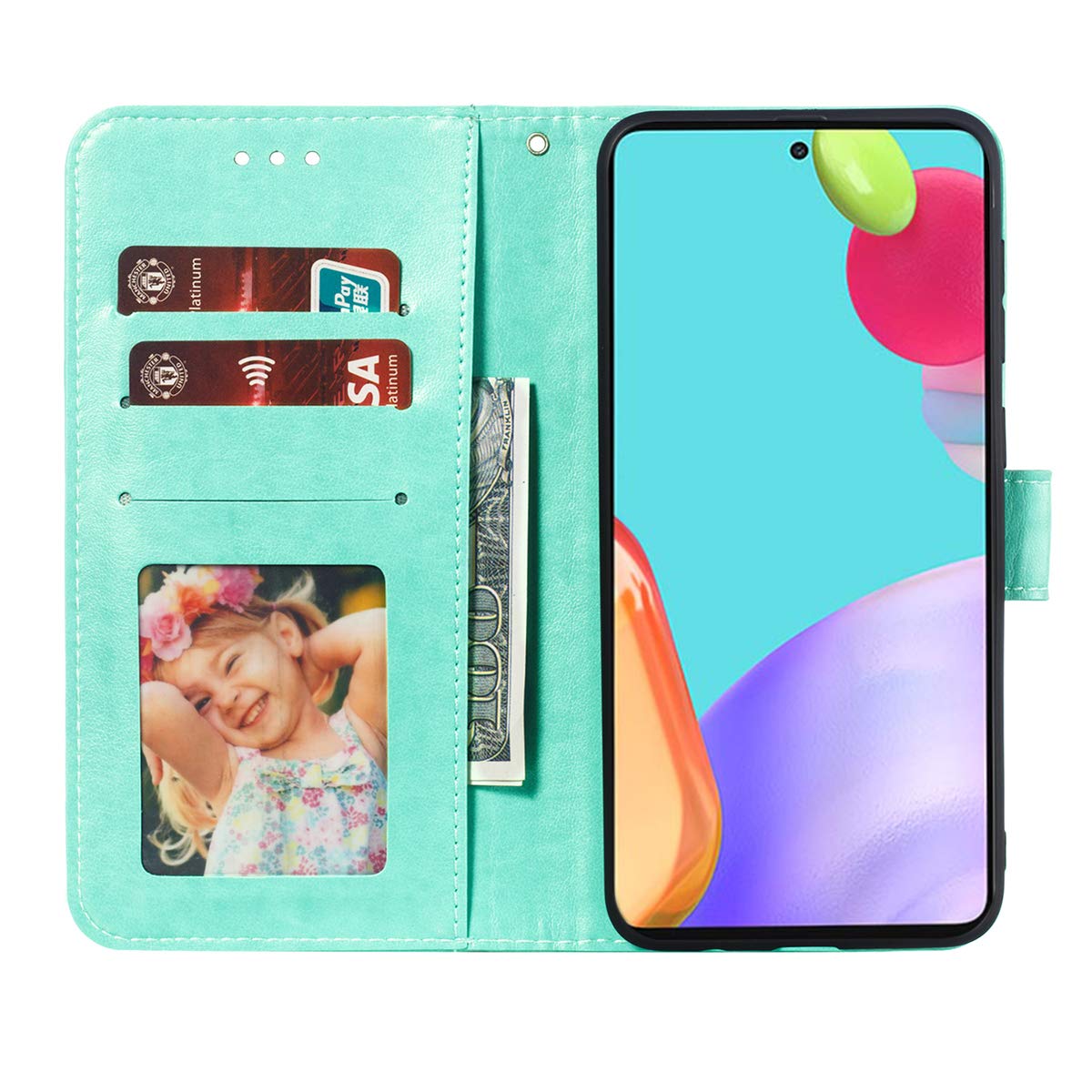 Premium PU Leather Mandala Embossed Flip Wallet Case for Samsung Galaxy A52/A52 5G - Shockproof Phone Cover with Card Holder & Kickstand (Mandala Green) - Perfect for Work, Travel & Daily Protection