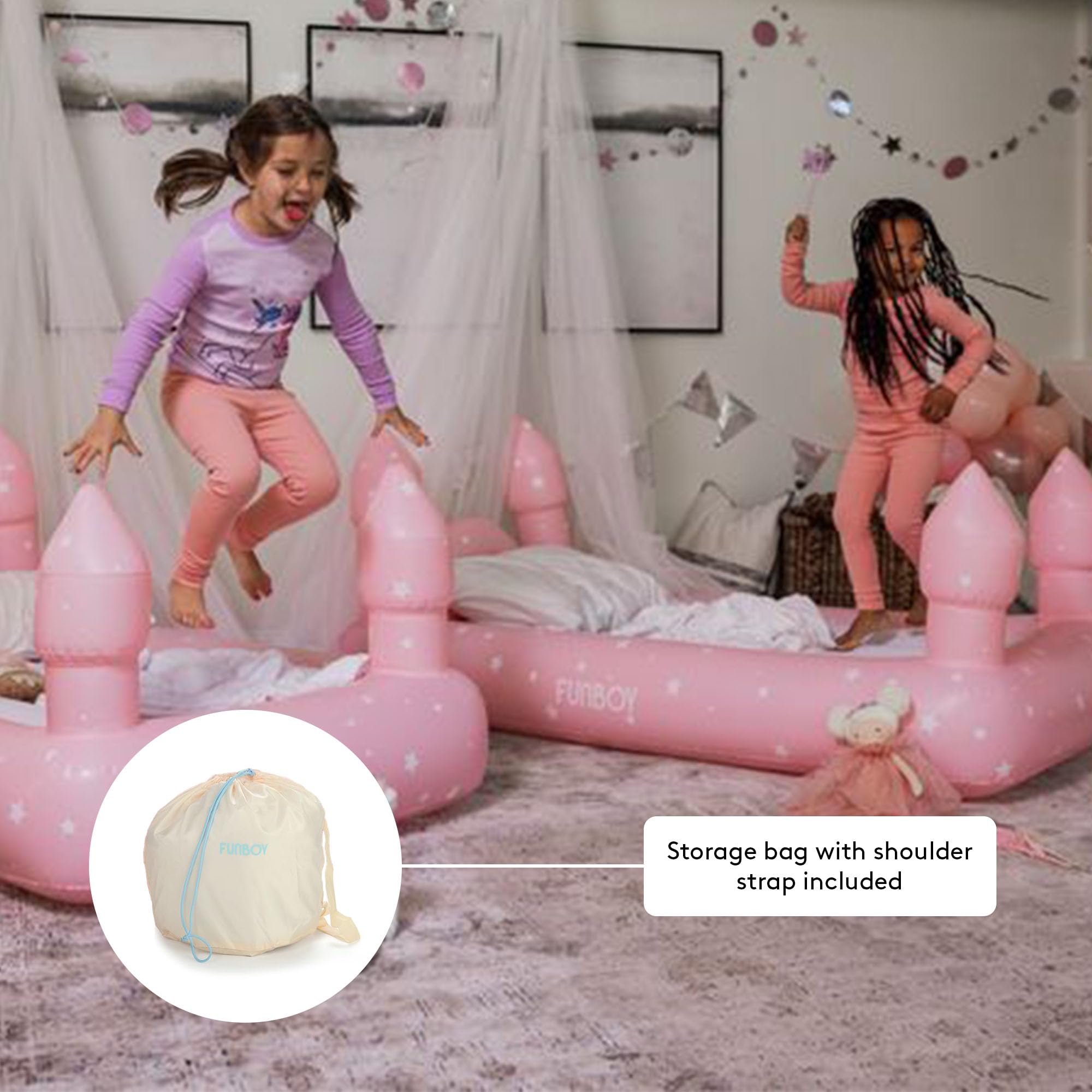 Funboy Kids Pink Castle Inflatable Travel Bed with Air Mattress - Portable Sleepover Bed for Girls, Includes Carry Bag - Perfect for Slumber Parties, Camping & Indoor Play (Twin Size)