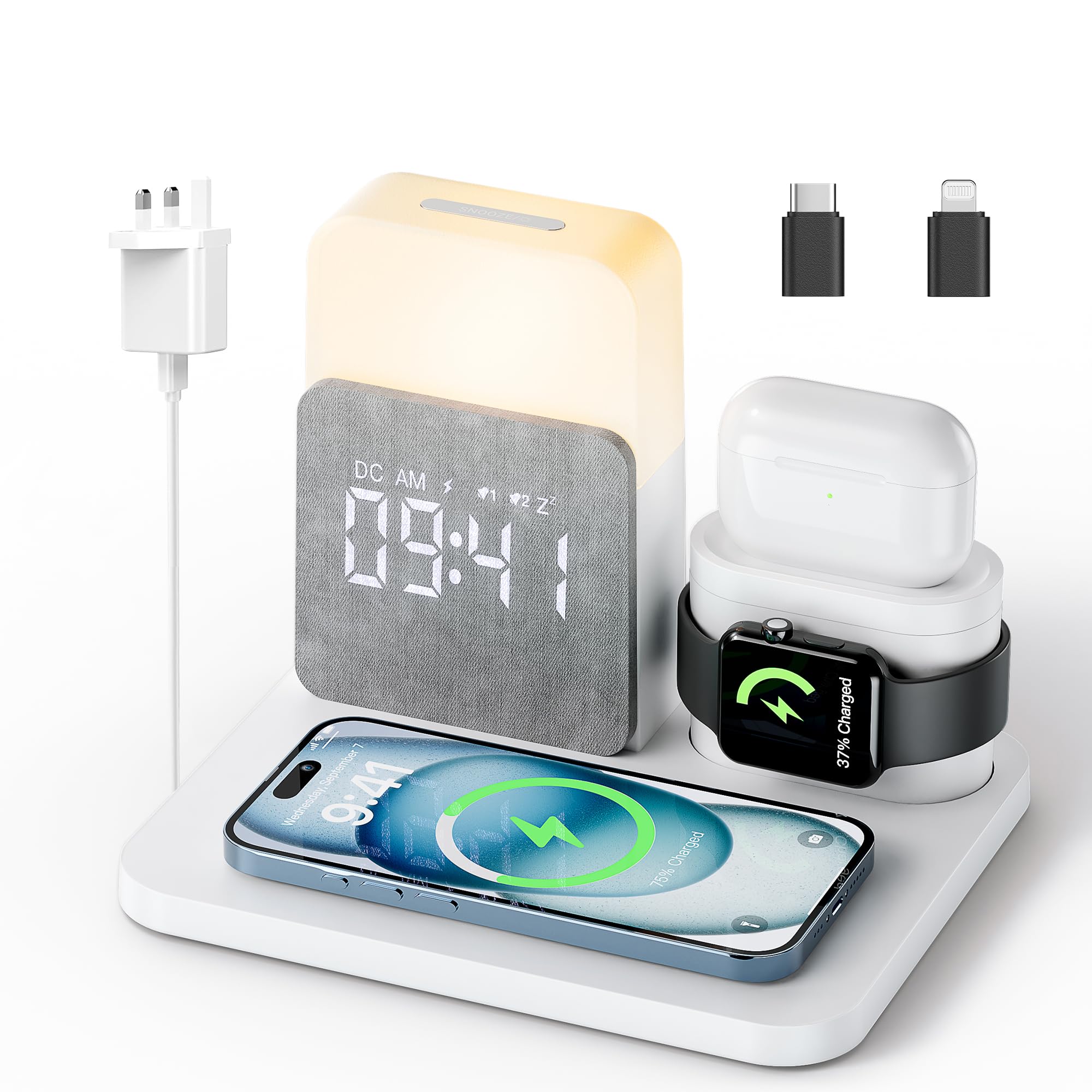 6-in-1 Wireless Charging Station with MagSafe 18W Fast Charging | Alarm Clock & Night Light | Compatible with iPhone 16/15/14/13/12/11/X/Pro Max, Apple Watch & AirPods | Perfect for Bedside, Office & Travel Charging