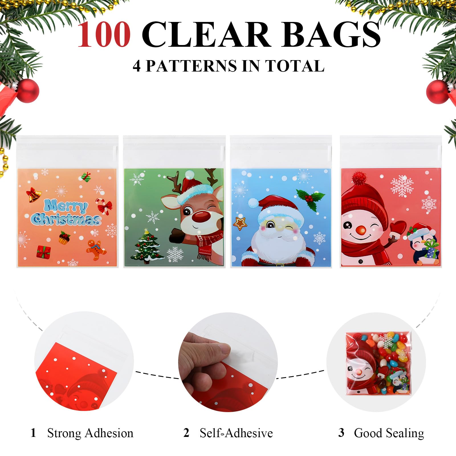 idolpack 100 Pack 4x4 Inch Clear Resealable Christmas Cellophane Gift Bags for Cookies, Candies & Bakery Treats - Perfect for Holiday Gifting, Party Favors & DIY Gift Wrapping
