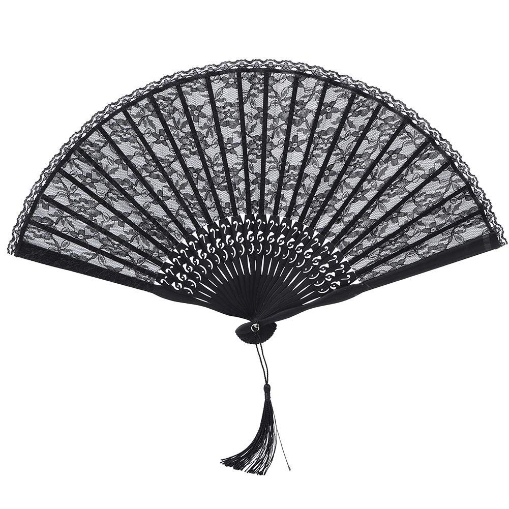 Vintage Japanese Chinese Style Double Layer Lace Folding Fan with Bamboo Frame - Handheld Fan for Women, Performance, Party Decoration, Wedding, Cosplay, Photo Props (Black)