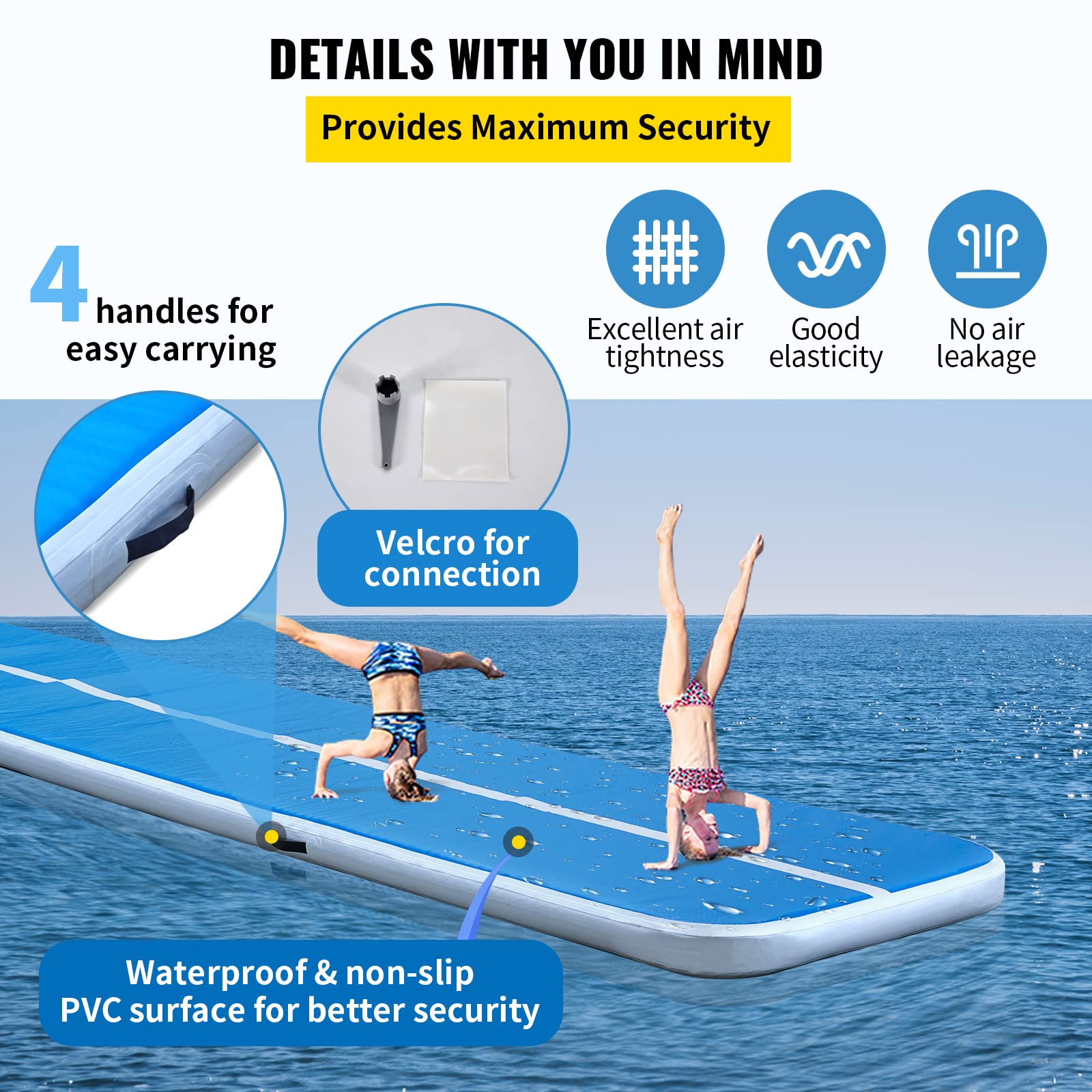 VEVOR 16ft Inflatable Air Gymnastic Mat - 4 Inch Thick Tumble Track with Electric Pump | Durable Training Mat for Home Gym, Cheerleading, Yoga & Water Play | Perfect for Backyard, Studio & Poolside Activities