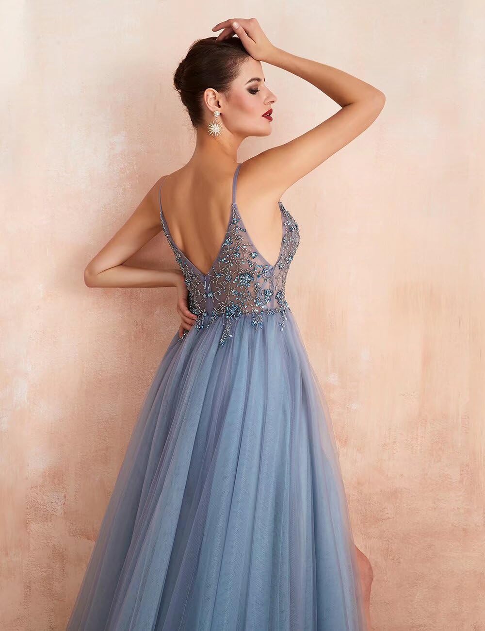 2024 Beaded Prom Dresses for Women - Sexy Long V-Neck Tulle Evening Gown with Crystal Embellishments & High Slit | Perfect for Homecoming, Formal Parties & Special Occasions