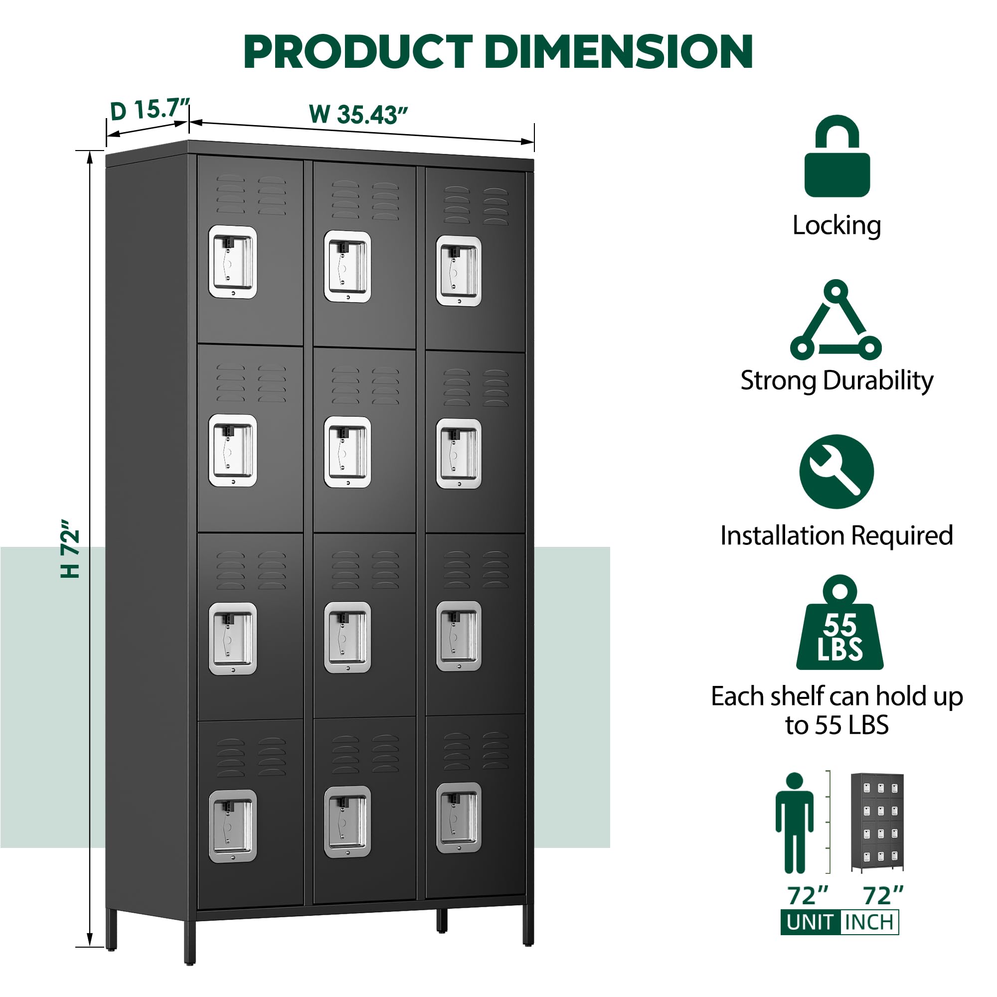 12-Door Metal Locker Organizer - Heavy Duty Storage Cabinet for School, Gym, Office, Home & Garage - Employee & Student Lockers - Easy Assembly Black Locker - Perfect for Sports Equipment, Work Supplies & Personal Belongings Storage