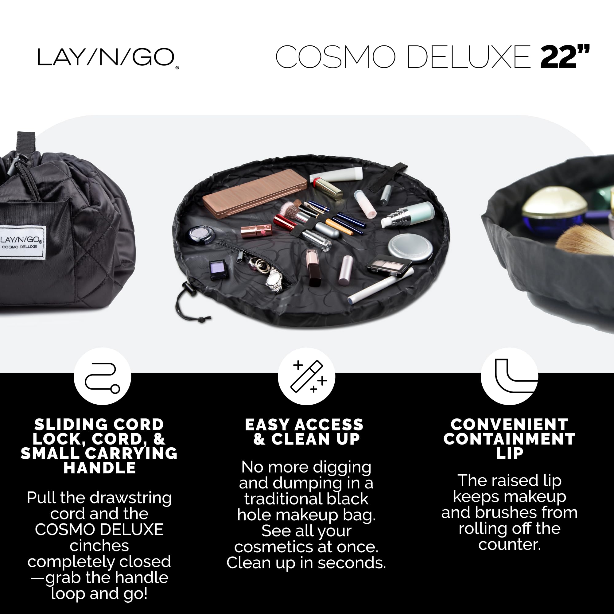 Lay-n-Go Cosmo Drawstring Cosmetic & Makeup Bag Organizer with Zipper Pocket & Makeup Loops - Durable Machine Washable Travel Makeup Pouch (22 Inches, Leopard Print) - Perfect for Travel, Gym & Daily Organization
