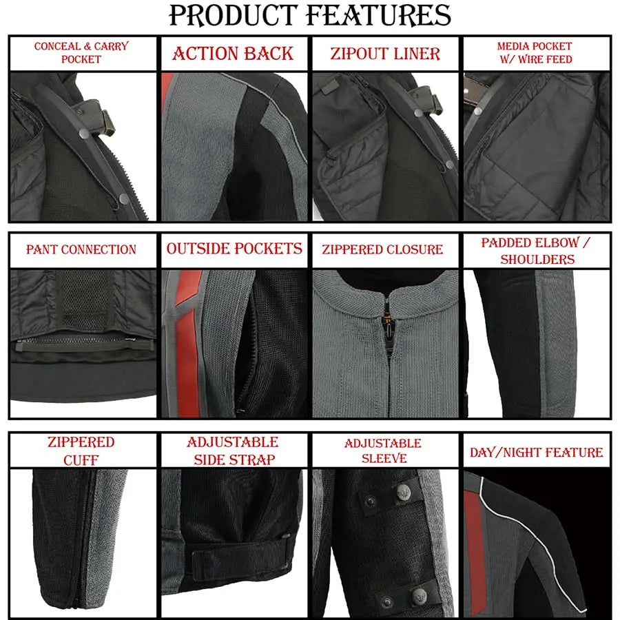 First MFG Co. Men's Black & Grey Mesh Armored Racing Jacket with Reflective Racing Stripes - Lightweight Motorcycle Gear for Street & Track Riding