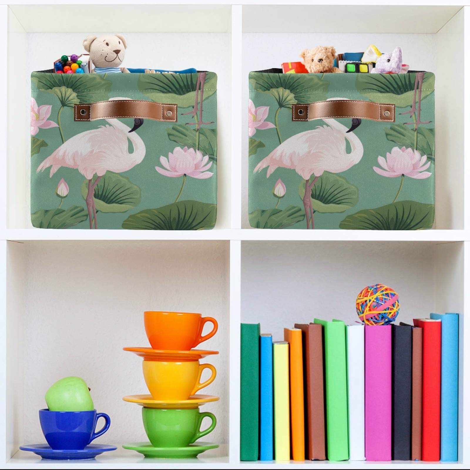 Susiyo Large Foldable Storage Bin - Pink Flamingo Lotus Fabric Collapsible Basket with PU Handles for Home Organization (1-Pack) | Perfect for Shelves, Closet, Bedroom & Living Room Storage