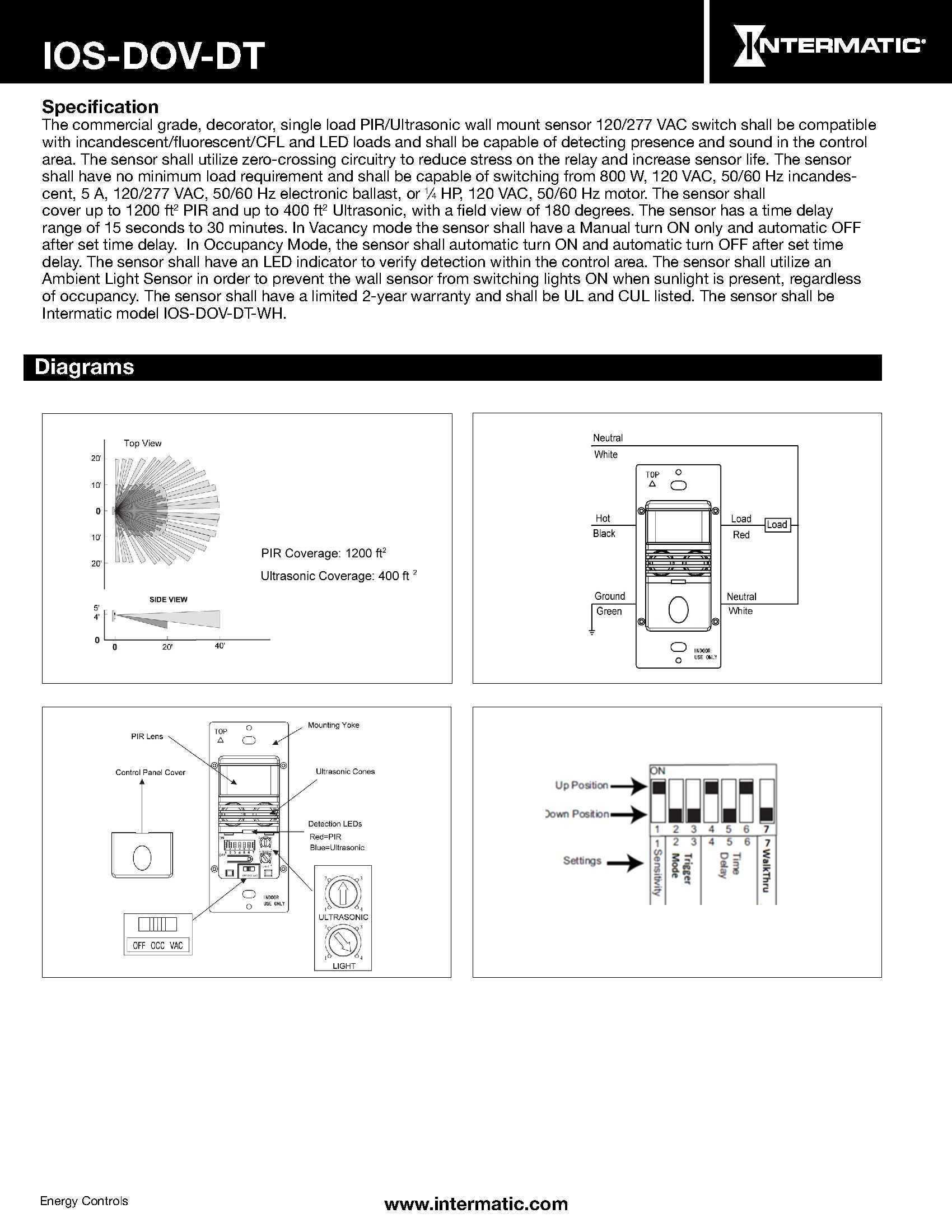 Intermatic IOS-DOV-DT-WH In-Wall Dual Technology Occupancy/Vacancy Sensor Switch - White | Smart Lighting Control for Homes & Offices | Energy Saving Motion Sensor for Indoor Use