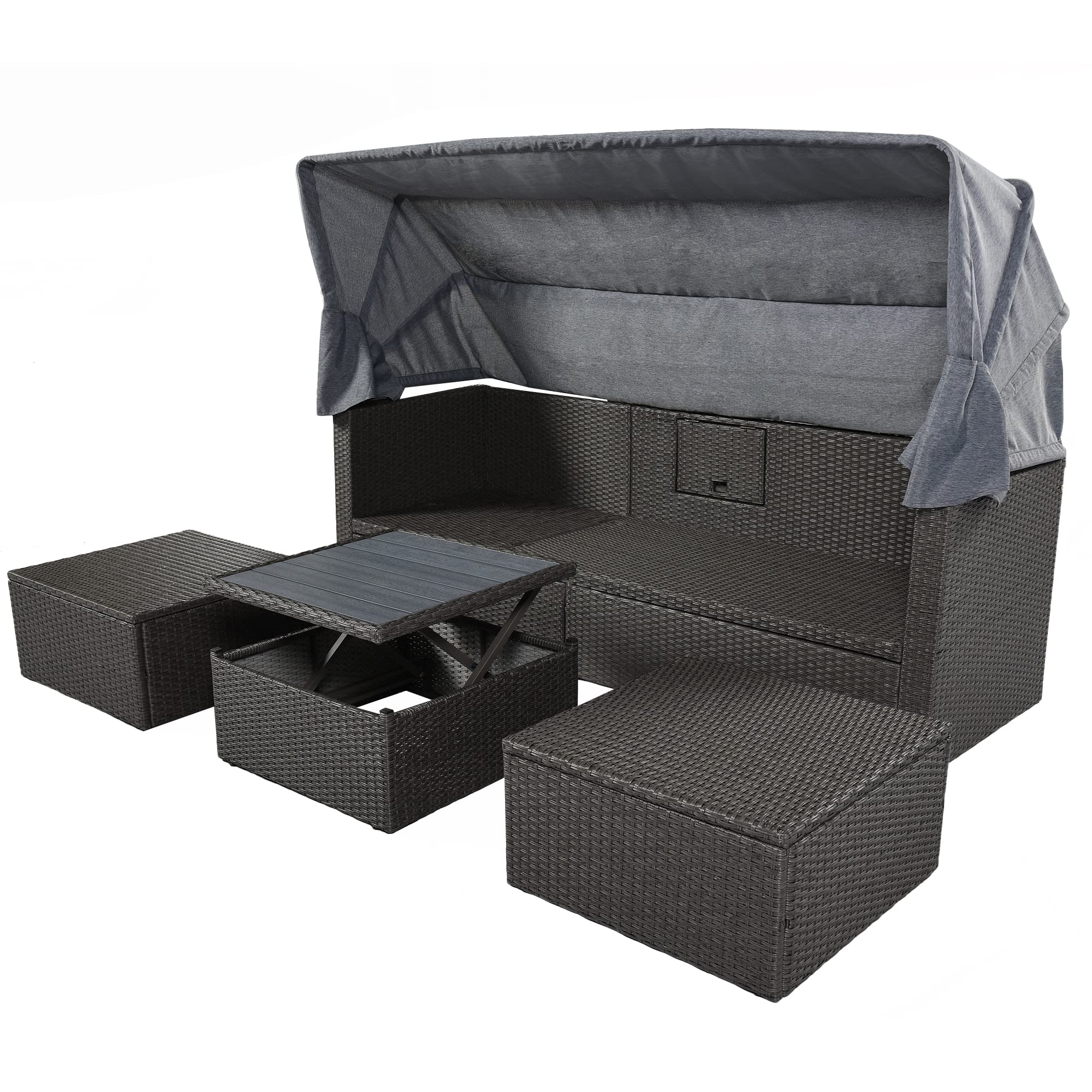 Quarte Outdoor Patio Rectangle Daybed with Retractable Canopy - All-Weather Wicker Sectional Sofa Set with Cushions & Lift Table - Perfect for Backyard, Porch, Poolside or Garden (Grey+O)