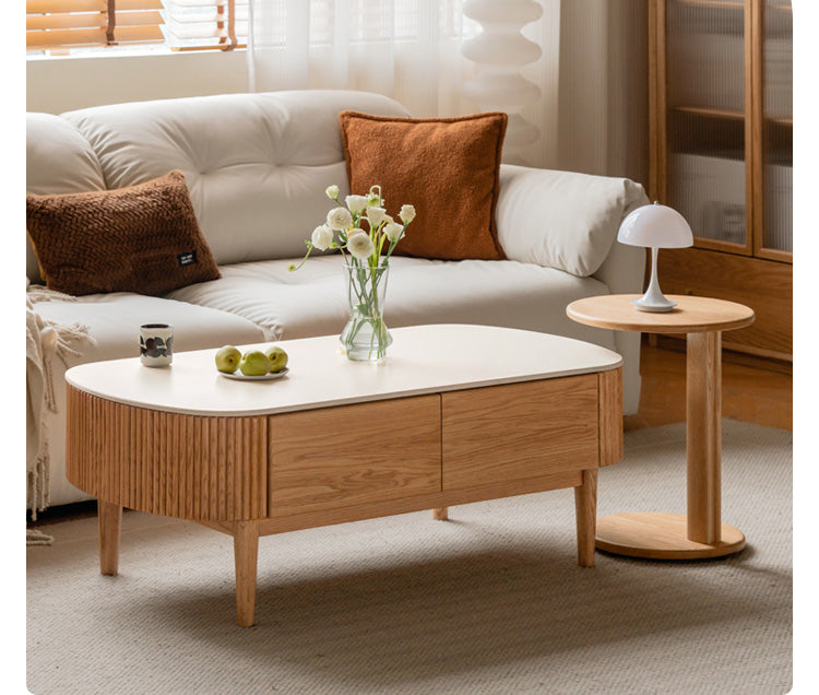 Solid Oak Wood Coffee Table with Slate Top - Modern Log Style for Living Room, Lounge & Office - Durable & Stylish Home Decor