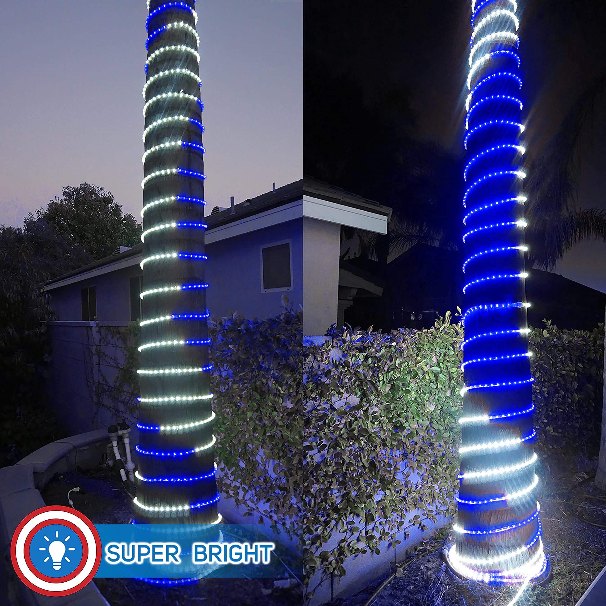 Russell Decor 40FT Rope Lights - Indoor/Outdoor Christmas & Party Decor for Trees, Patio, Deck | White & Blue String Lights