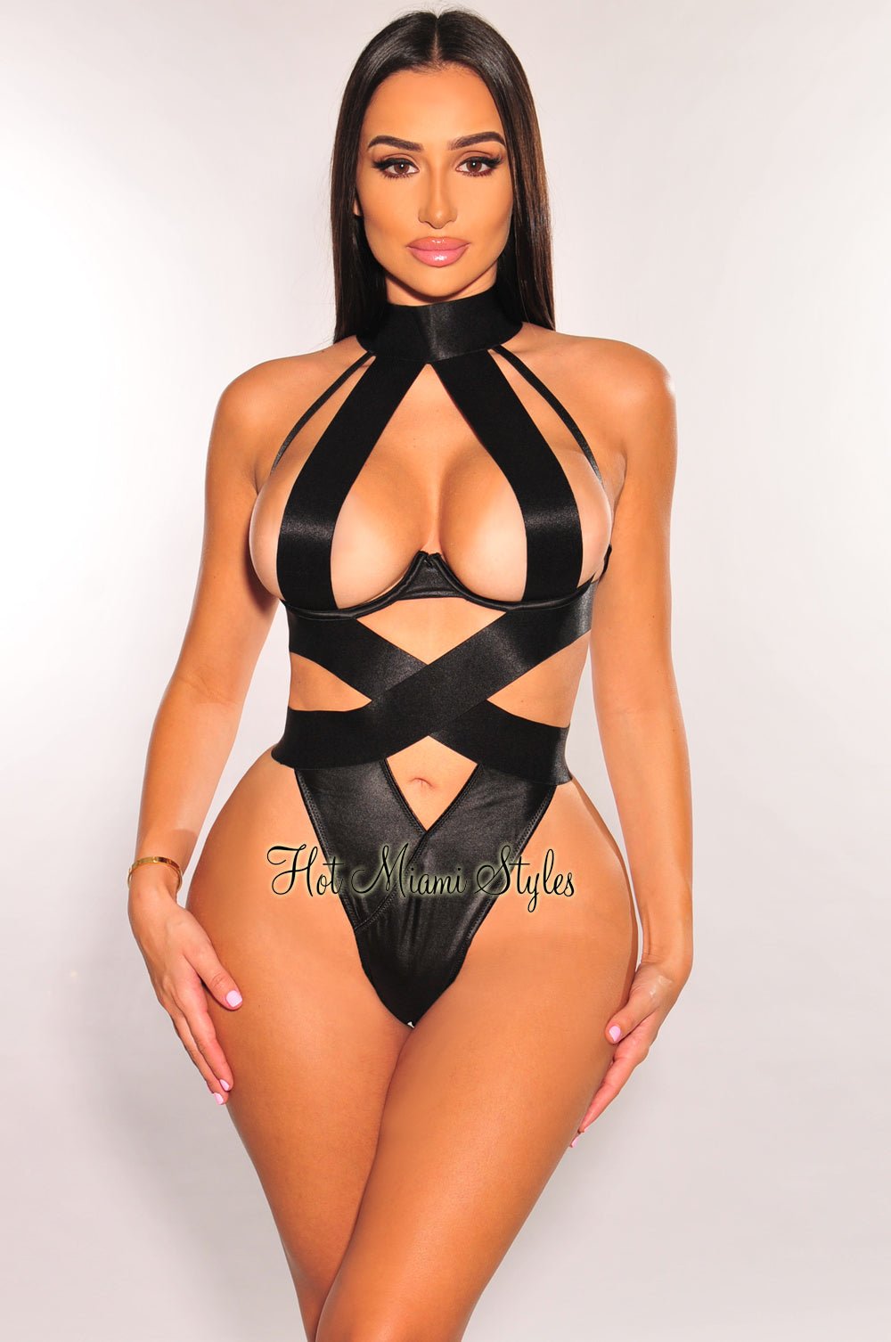 Sexy Black Mock Neck Underwire Strappy Cut Out High Cut Bodysuit Lingerie for Women - Perfect for Valentine's Day, Date Night & Boudoir Photography