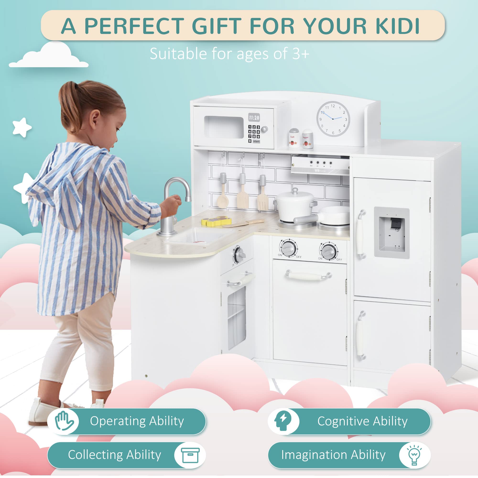 Qaba Corner Kids Wooden Pretend Kitchen Playset with Drinking Fountain, Microwave, Fridge & Accessories - Durable Toy Kitchen for Ages 3+ in White - Perfect for Home, Preschool & Playroom Pretend Play