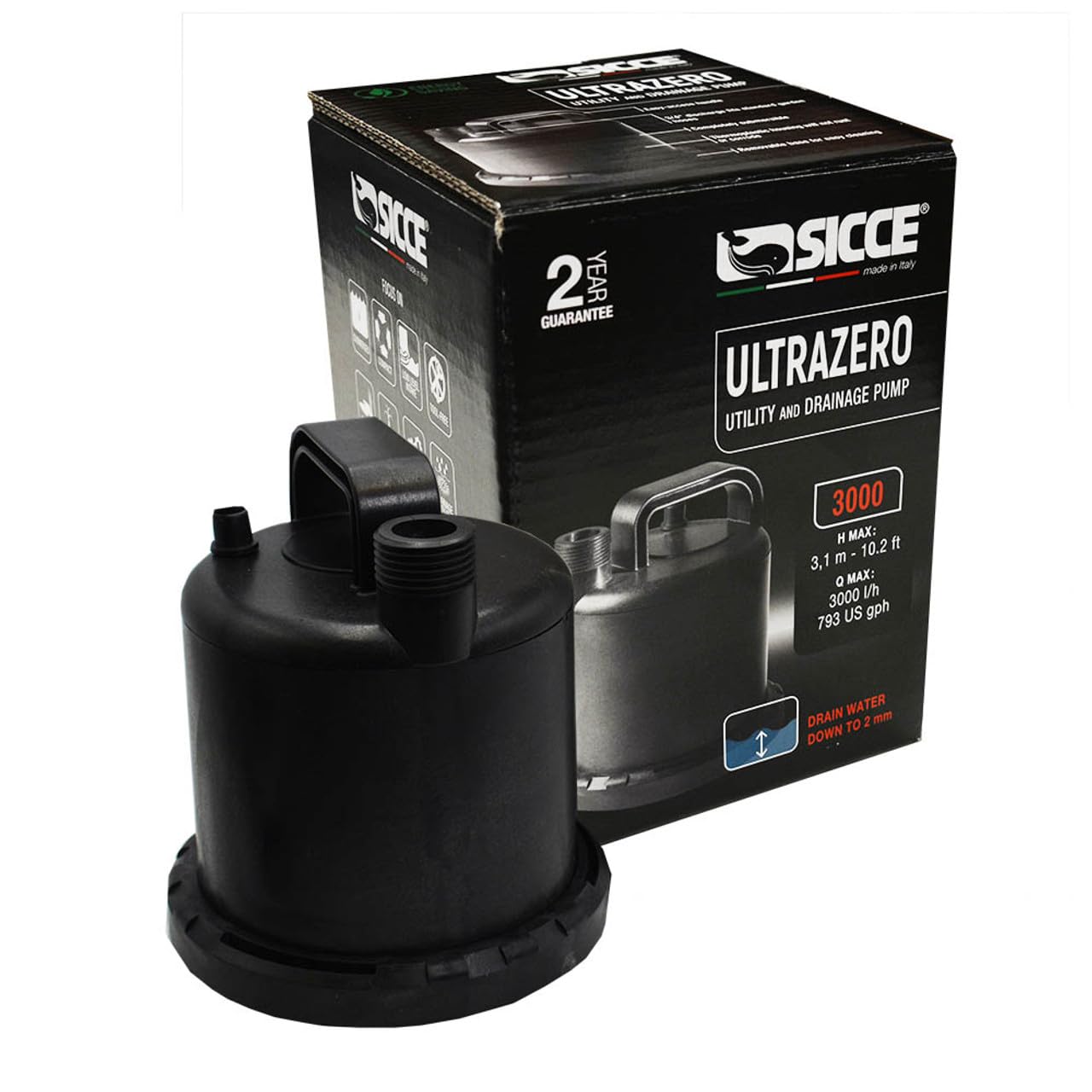 SICCE Ultra Zero 793 GPH Multi-Purpose Water Pump - Quiet Durable Aquarium, Fish Tank, Fountain, Pond, Hydroponics, Terrarium Pump - Garden Hose Connection with Portable Handle - Freshwater & Saltwater Safe - Ideal for Indoor/Outdoor Water Features, Hydroponic Systems, and Aquatic Habitats