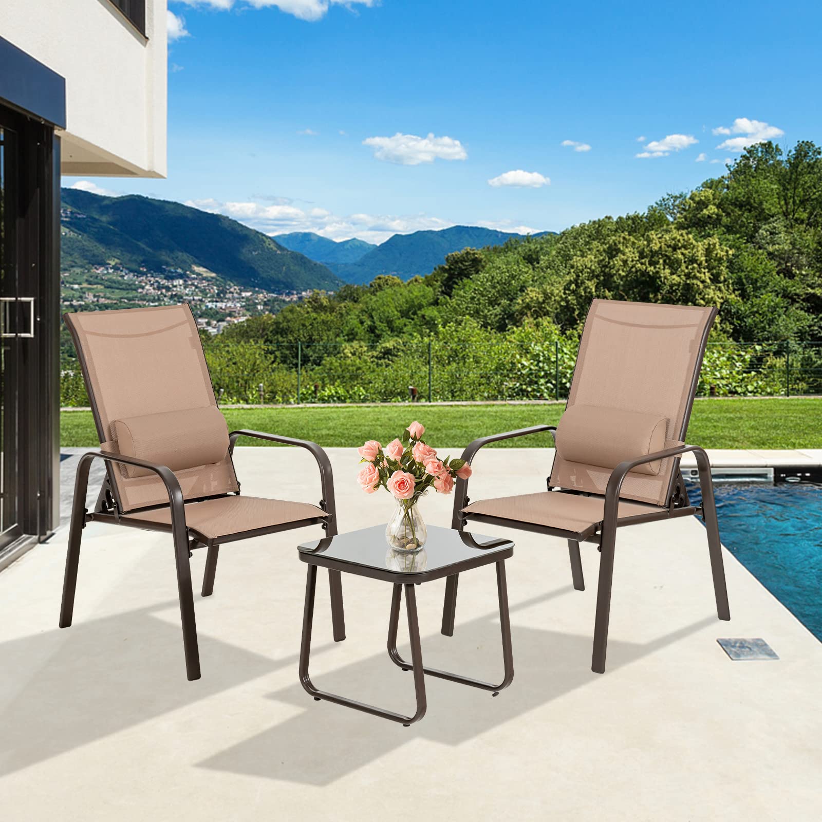 Giantex 3-Piece Outdoor Patio Bistro Set with Tempered Glass Coffee Table & 2 Stackable Chairs - Adjustable Backrest & Headrest - Brown Porch Furniture for Garden, Balcony, and Backyard Relaxation