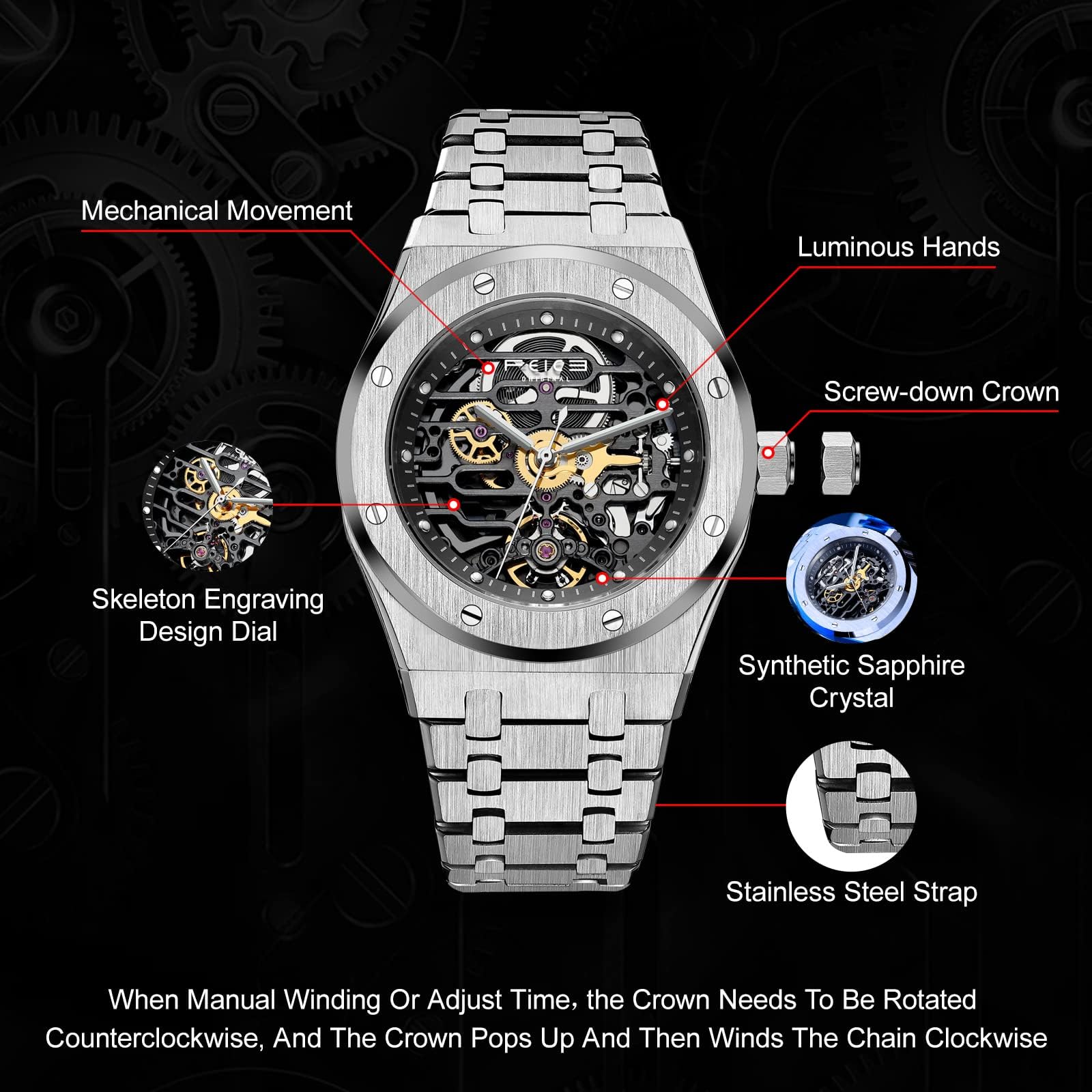 FEICE Automatic Skeleton Watch for Men - 42mm Stainless Steel Mechanical Business Wristwatch with Anti-Shock, Waterproof & Luminous Features - Sapphire Crystal Analog Watch with Adjustable Band (FM019HOT) - Perfect for Office Wear, Formal Events & Everyday Use