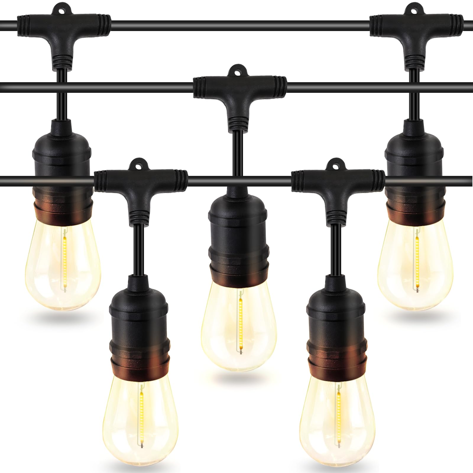 48ft LED Outdoor String Lights with 15+1(Spare) Shatterproof Bulbs, Black Waterproof IP65 Connectable Patio Lights - Perfect for Garden, Backyard, Porch, Cafe, Bistro & Outdoor Dining Decor | UL Listed