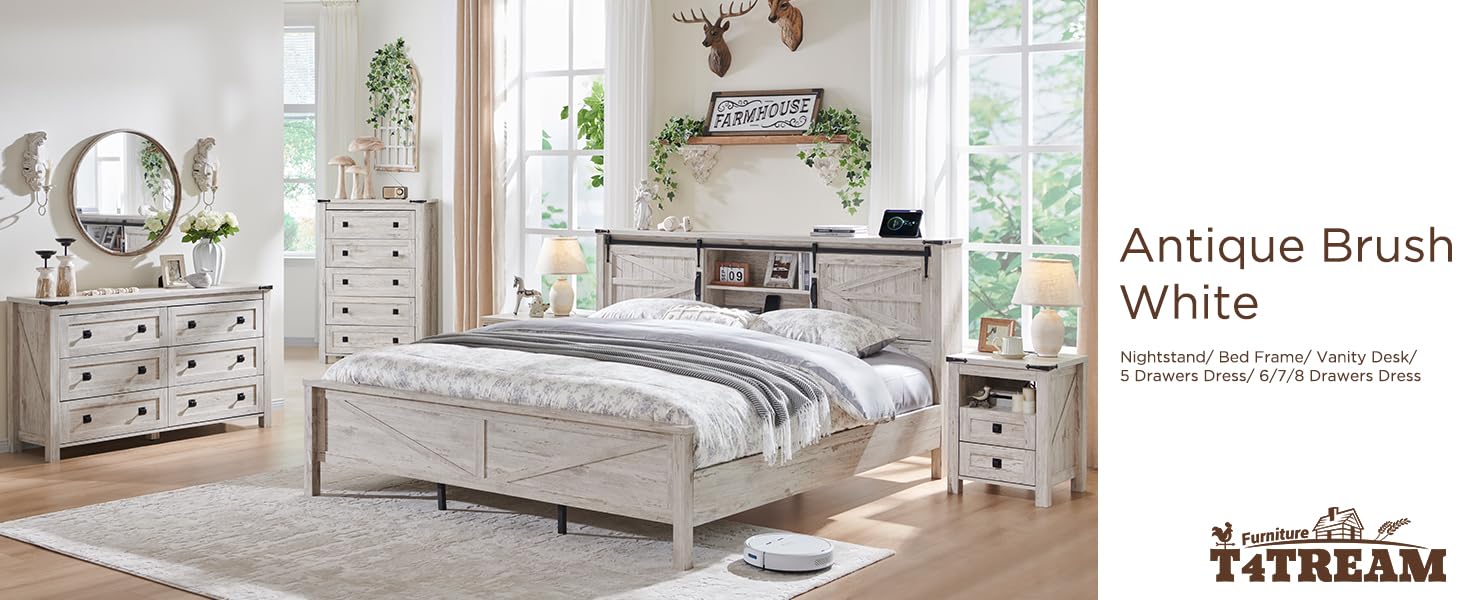 T4TREAM Nightstand with USB Charging Station, 2-Drawer Storage Cabinet - Rustic Wood End Table for Bedroom, Living Room & Farmhouse Decor - Antique White Finish | Perfect Bedside Table with Phone Charger & Storage Space