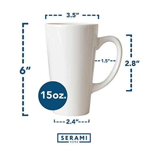 Serami 15oz White Ceramic Coffee Mugs with Large Handles - Set of 2 Tall Funnel-Shaped Mugs for Home, Office, or Cafe Use