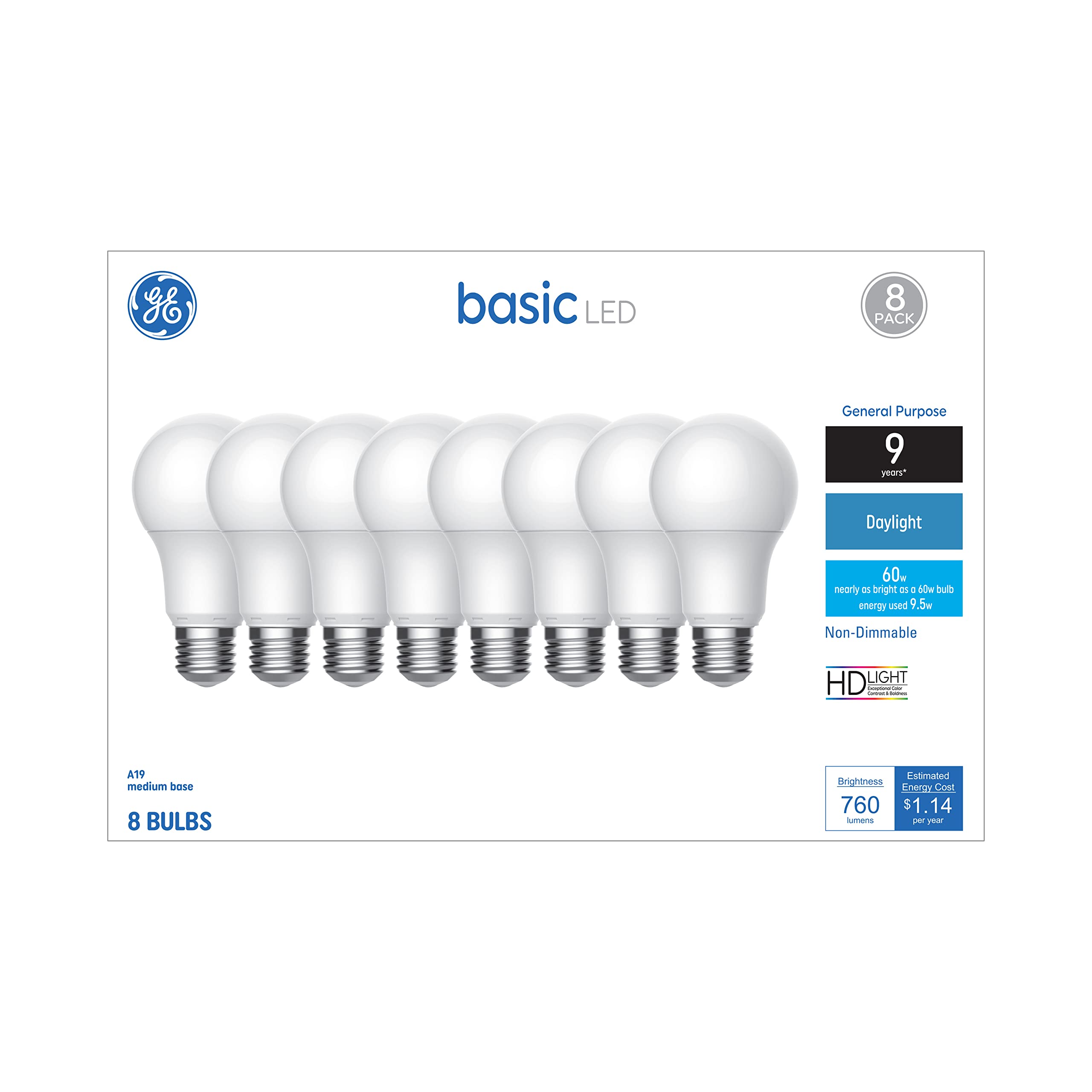 GE Basic 60 Watt A19 Daylight LED Light Bulbs (8 Pack) - Energy Efficient Bright White Bulbs for Home, Office, and Indoor Lighting