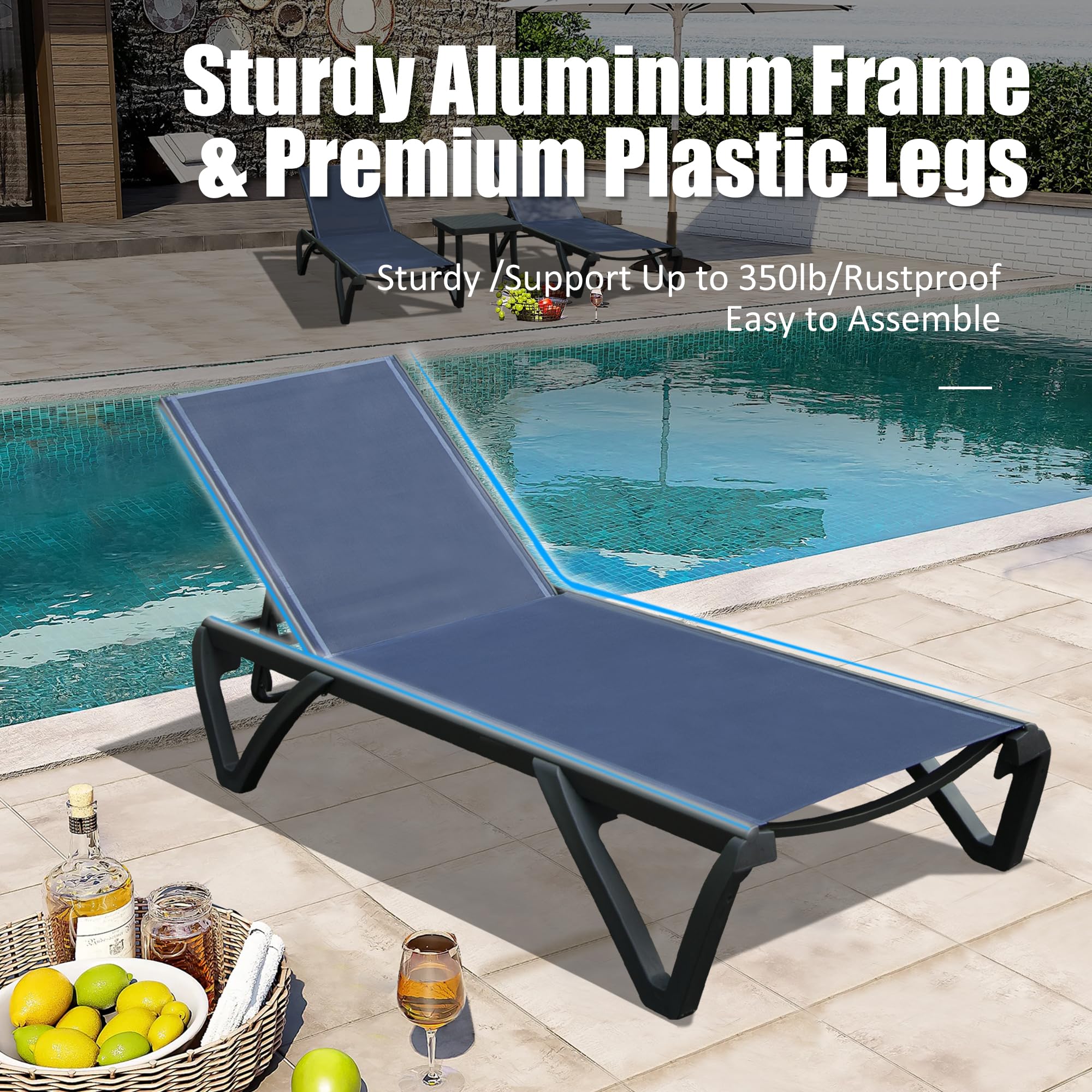 **Domi Pool Lounge Chairs - Adjustable Aluminum Patio Chaise Lounge with Wheels & Side Table - 5-Position Reclining Outdoor Chair for Beach, Yard, Balcony, Poolside - Navy Blue - Perfect for Relaxing by the Pool or Sunbathing**