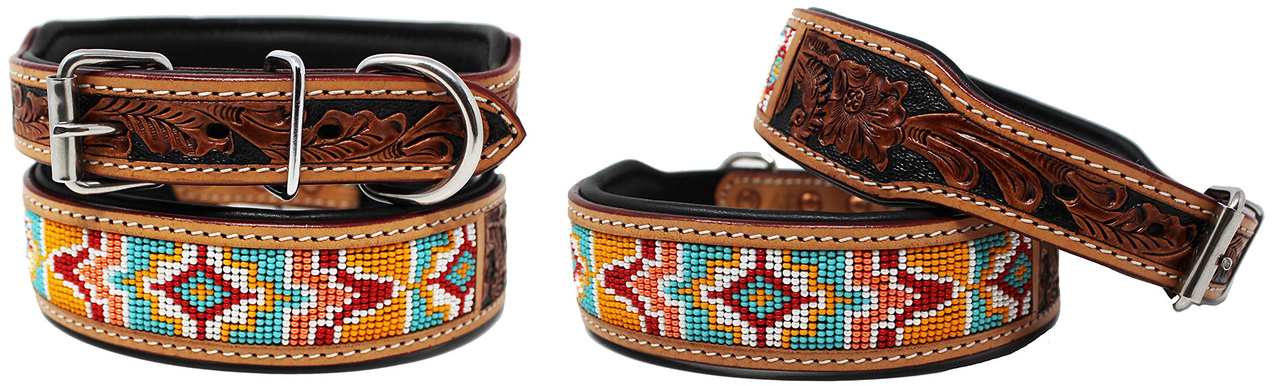 Hand-Tooled Beaded Padded Leather Dog Collar for Small & Medium Dogs - CHALLENGER 60164 - Durable & Stylish Pet Collar for Walks, Training & Everyday Use