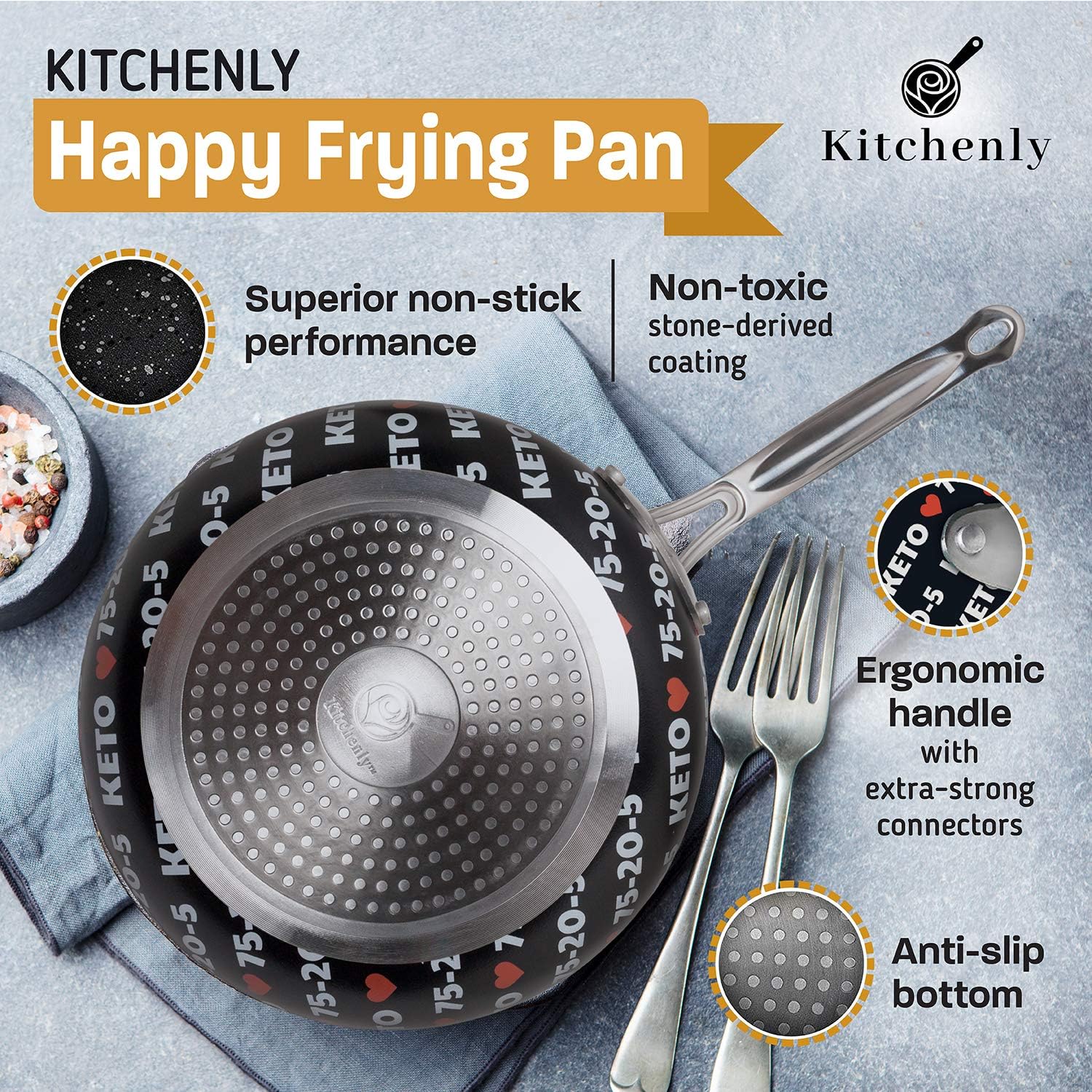 KITCHENLY™ 11 Inch Nonstick Deep Frying Pan with Lid - Stone Coated Cookware for Gas, Electric & Induction Stoves - Perfect for Sautéing, Frying & Oven Cooking