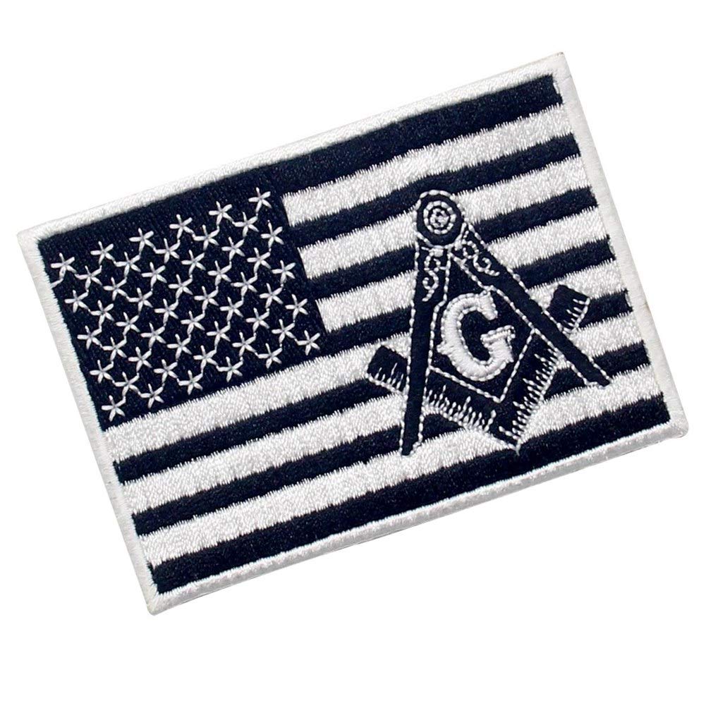 USA Flag Masonic Embroidered Patch - Square Compass Iron On/Sew On Emblem in White & Black | Perfect for Vests, Jackets & Biker Gear