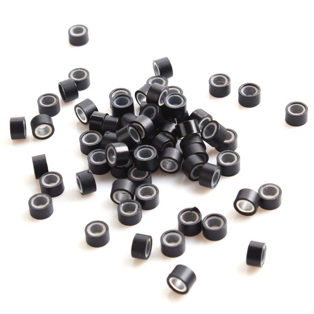 D-DIVINE Micro Rings for Hair Extensions - 500 Pcs Black Aluminum with Silicone Beads (5.0x3.0x3.0mm) - Secure Hair Extension Tips for Human & Feather Hair - Perfect for Salon, DIY Hair Styling & Hairpiece Maintenance