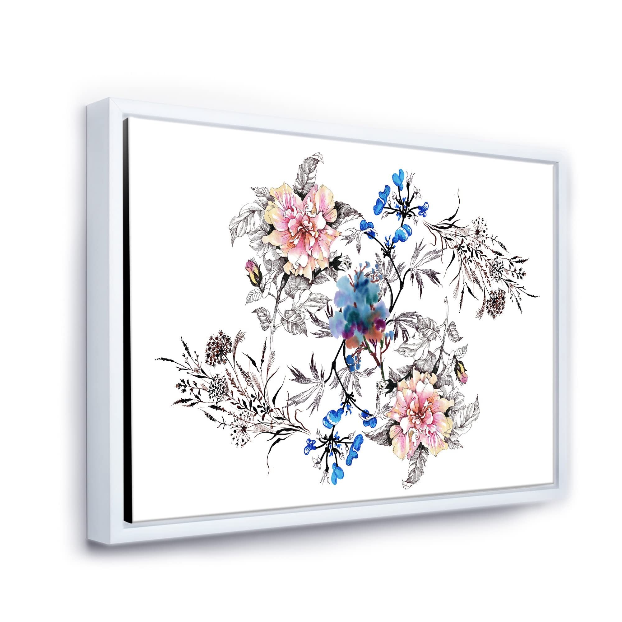 DesignQ Blue and Pink Wildflowers Framed Canvas Wall Art - Traditional Floral Home Decor for Living Room, Bedroom & Office
