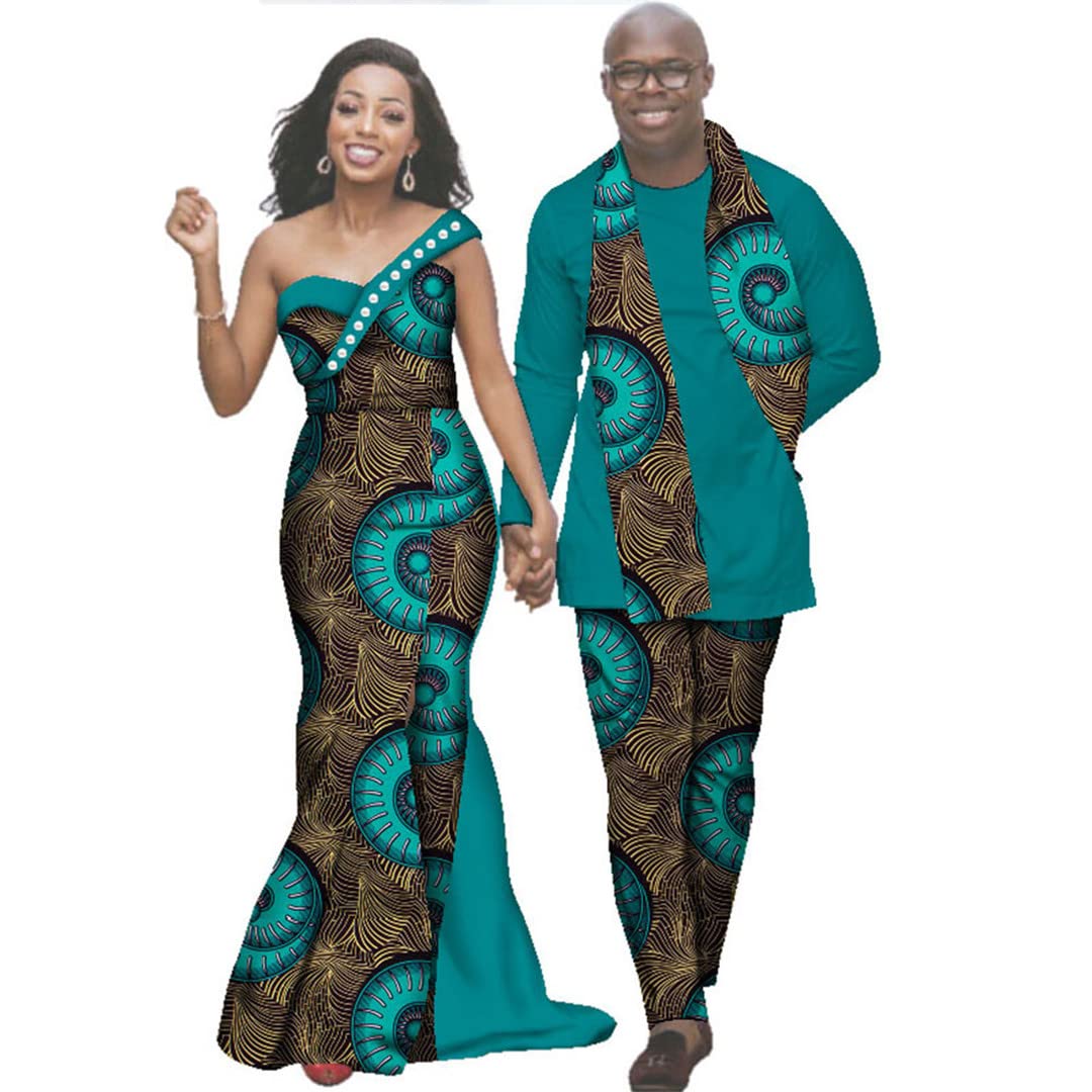 African Print Dresses for Women & Men - Matching Couple Outfits, Long Sleeve Shirt and Pants Sets, Traditional Ankara Style (40FS1410L) | Perfect for Weddings, Parties, Cultural Events and Date Nights