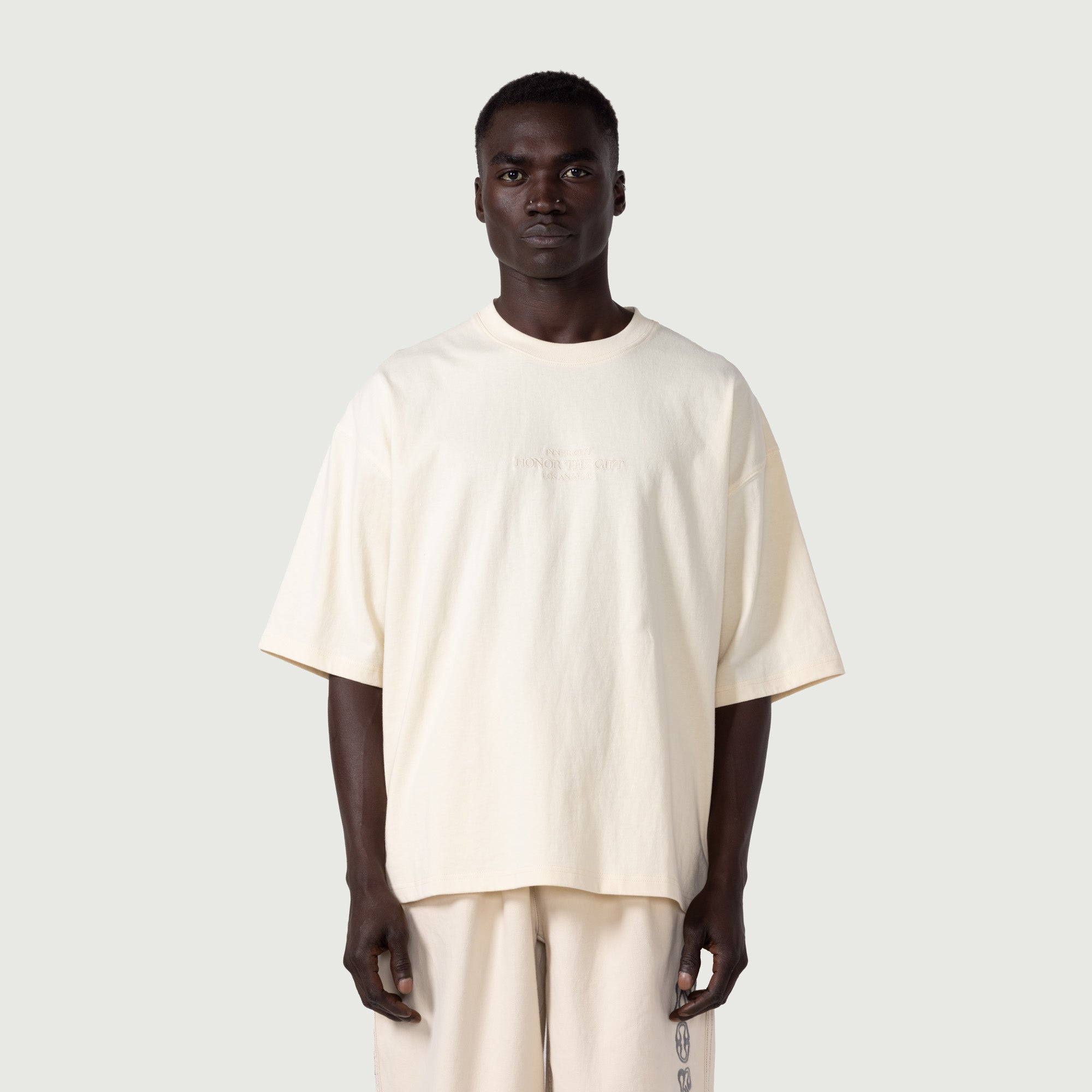Honor The Gift Embroidered Box Tee in Bone Color - Stylish Streetwear for Casual Outfits & Urban Fashion