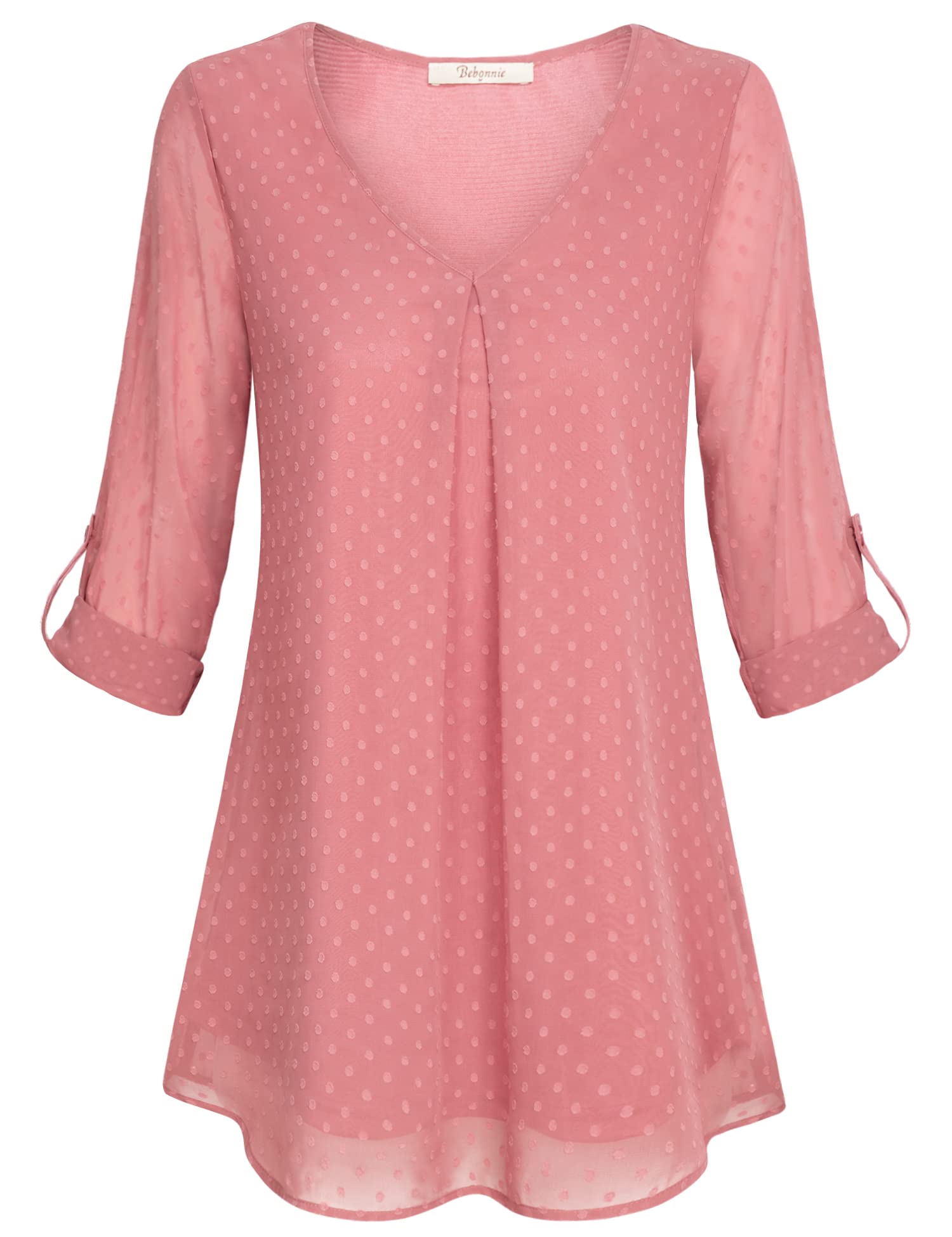 Bebonnie Women's Roll-Up 3/4 Sleeve V-Neck Chiffon Lace Blouse - Casual Layered Tops for Spring & Summer Outfits, Office Wear & Date Nights