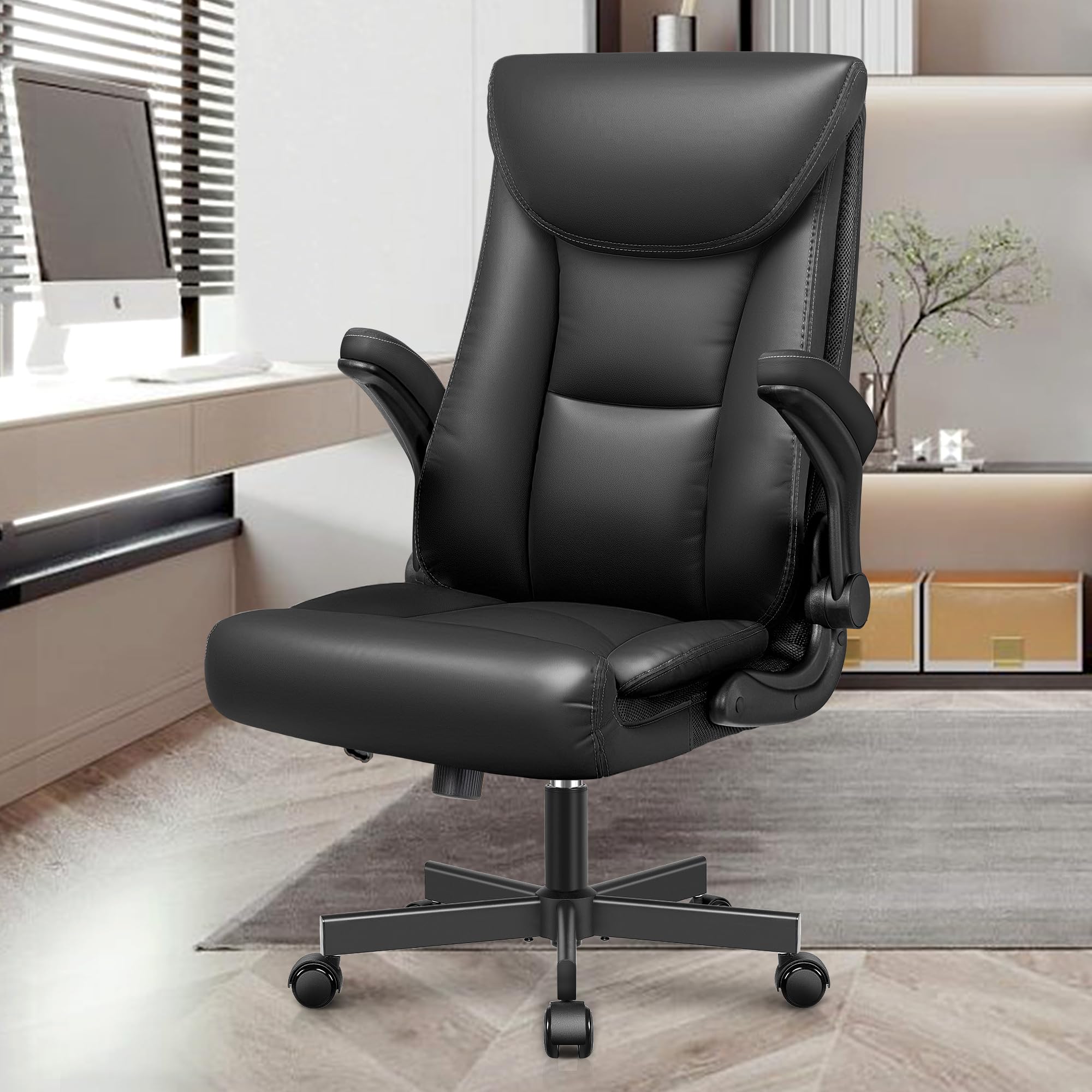 Premium Ergonomic Executive Office Chair - High Back Leather Desk Chair with Adjustable Flip-Up Arms, Lumbar Support & Rocking Function for Big & Tall Users (Black) - Perfect for Home Office, Gaming & Professional Workspaces