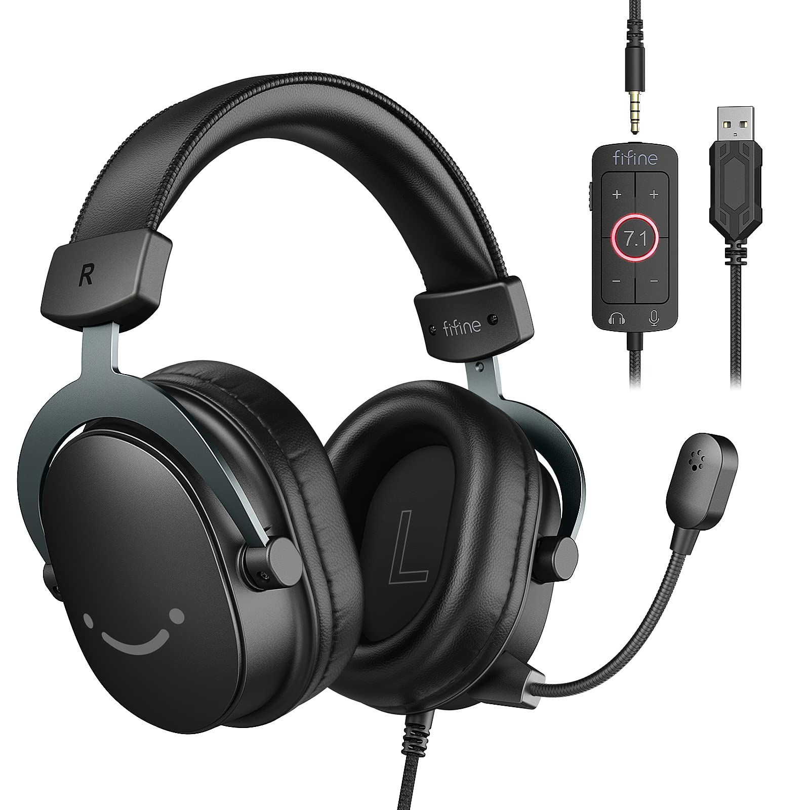 FIFINE PC Gaming Headset with 7.1 Surround Sound - USB & 3.5mm Wired Headphones with Detachable Mic & Control Box - Compatible with PS5, Xbox, Switch (Black-AmpliGame H9) - Perfect for Competitive Gaming, Streaming & Online Chat