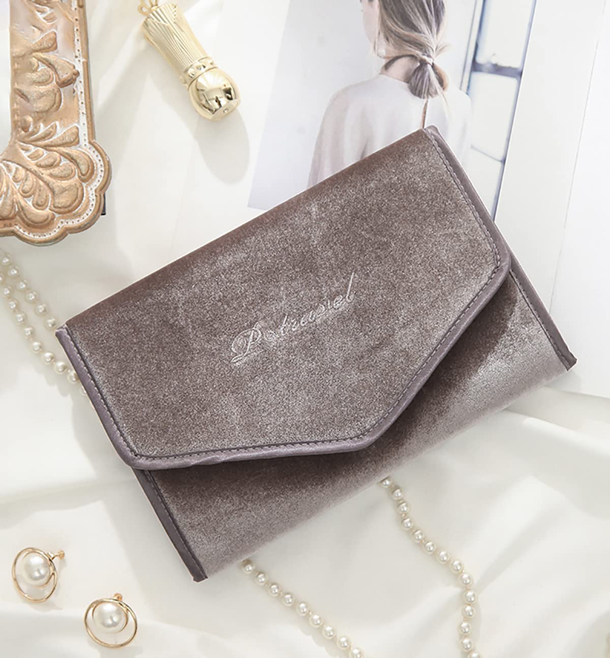 RT&BS Velvet Travel Jewelry Roll Organizer Bag - Portable Jewelry Case for Necklaces, Rings & Earrings - Perfect for Vacation, Business Trips & Daily Storage (Taupe)