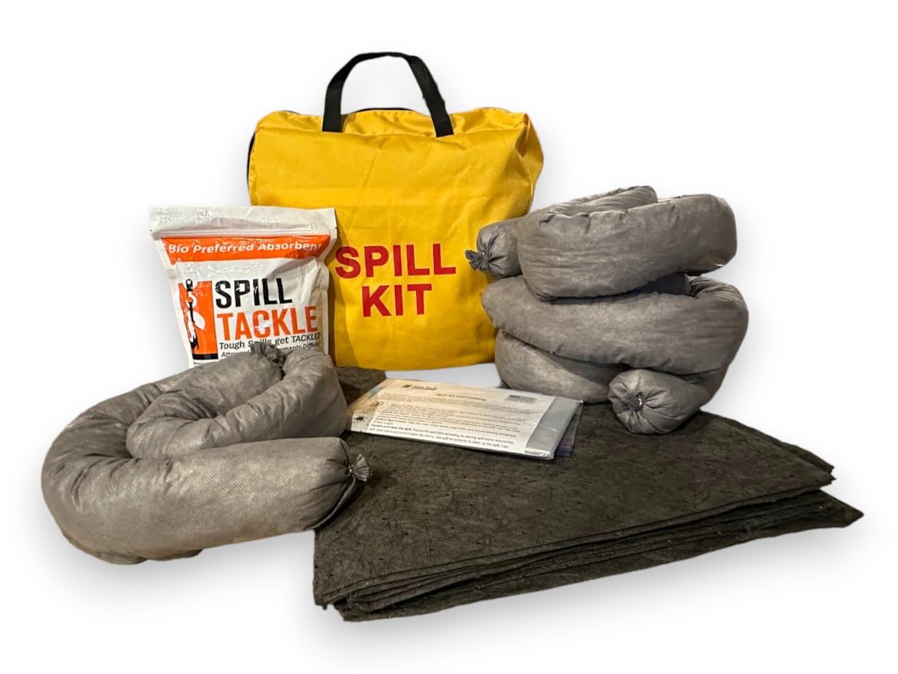 **Universal Spill Kit - 4 Absorbent Socks, 10 Pads, 2 lb Spill Tackle, Gloves & More - Yellow Duffle Bag for Hazardous Liquid Cleanup - Ideal for Labs, Garages, Factories**