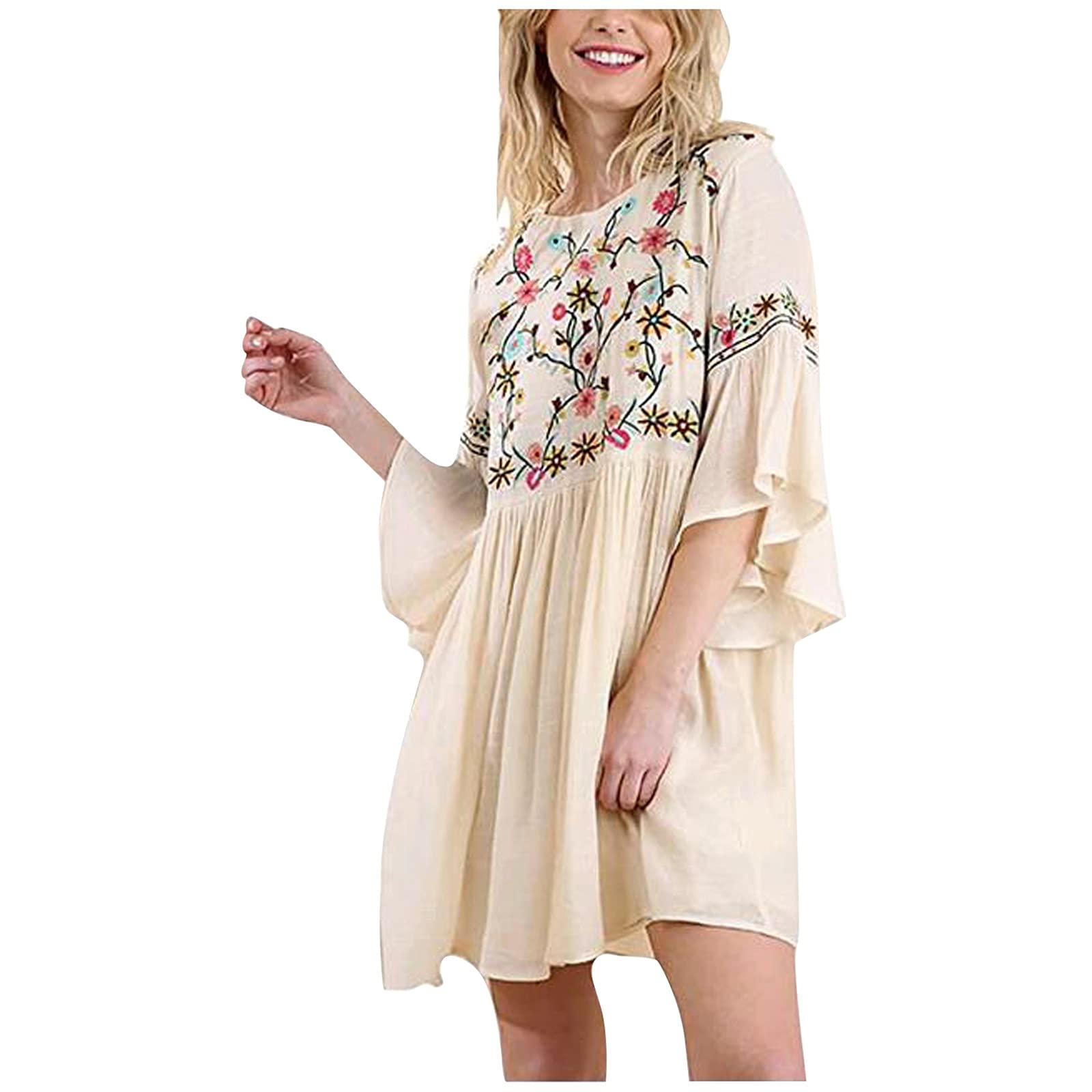Women's Summer Casual Sleeveless Mini Dress - Loose Fit Plaid Lace Boho Embroidery Dress with Pockets | Khaki XXL | Perfect for Beach Outings, Date Nights & Summer Vacations