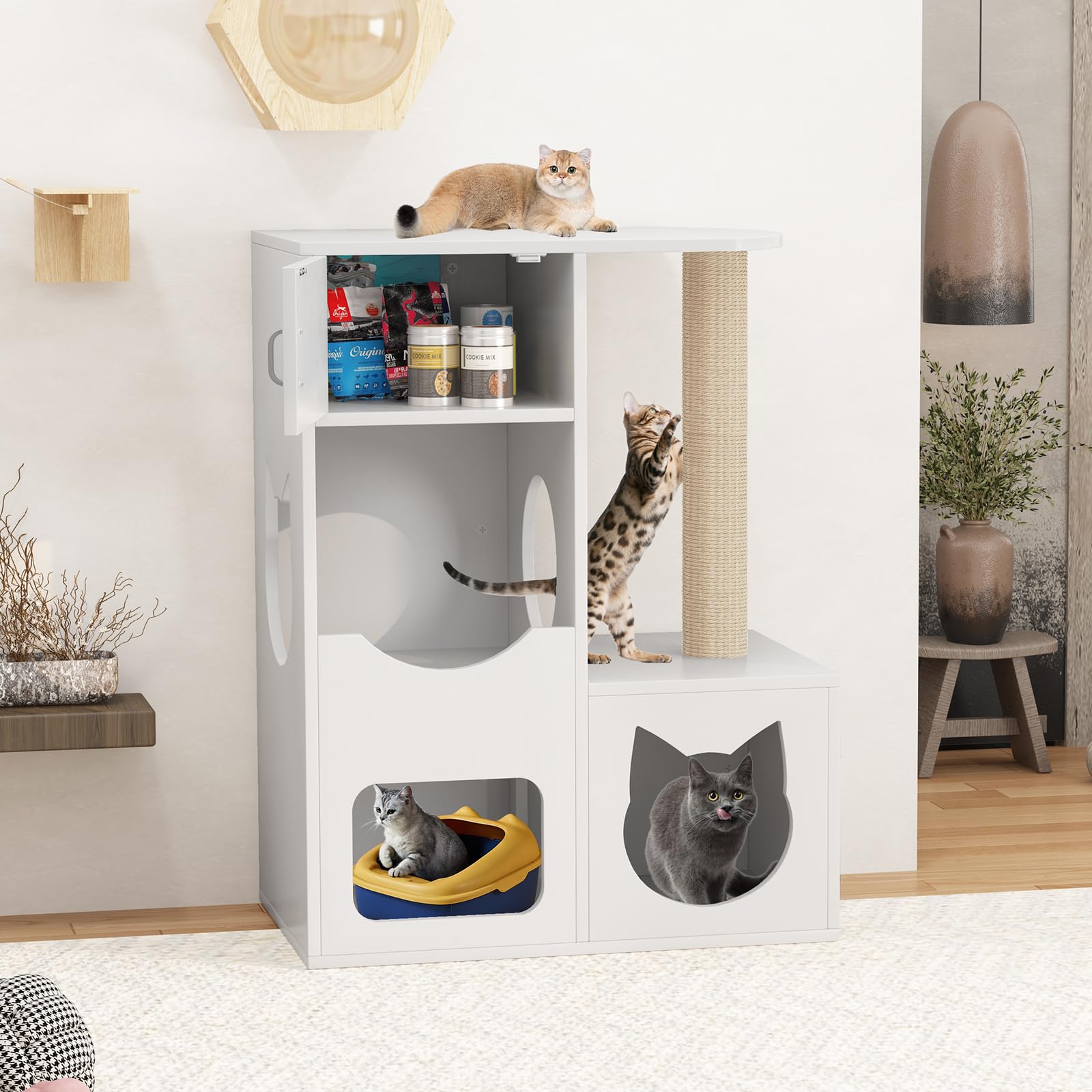 White Wooden Cat House with Scratching Post - Indoor Cat Furniture for Play & Rest