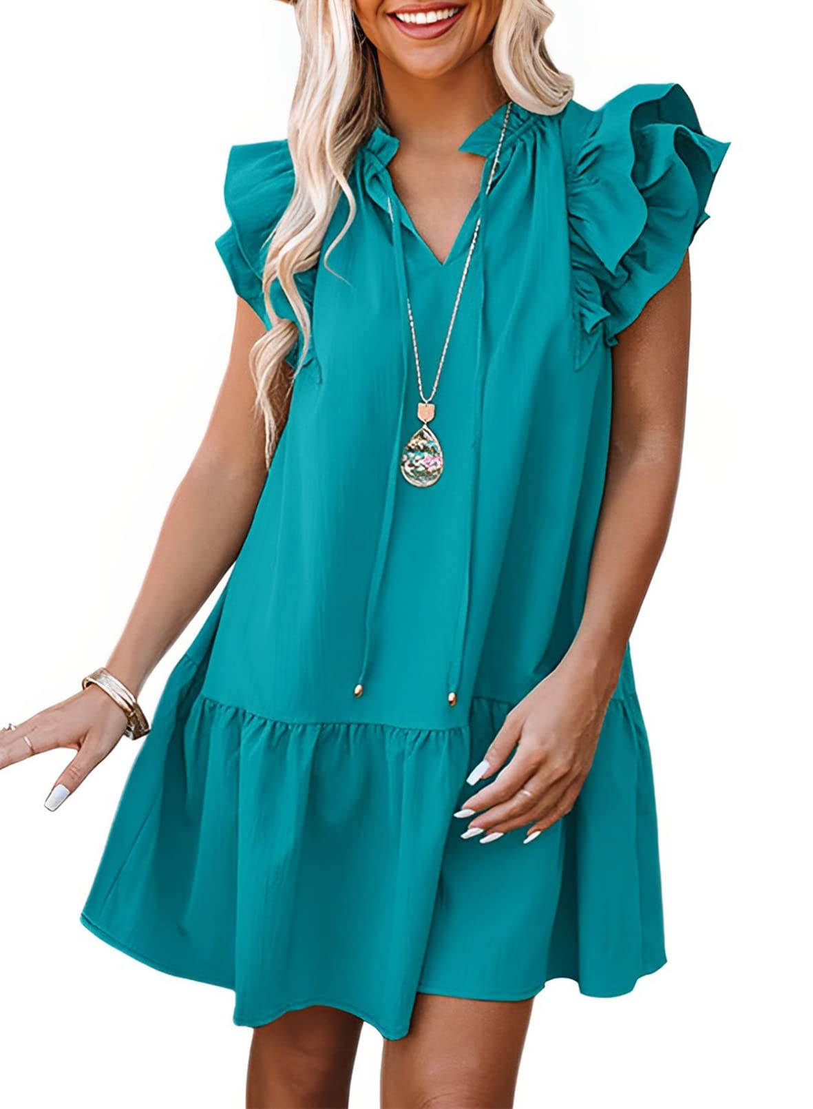 Dokotoo Women's Summer Dresses 2025 - V-Neck Ruffle Cap Sleeve Mini Sundress with Drawstring Waist & Side Pockets | Beachwear, Vacation Outfits, Casual Day Dress