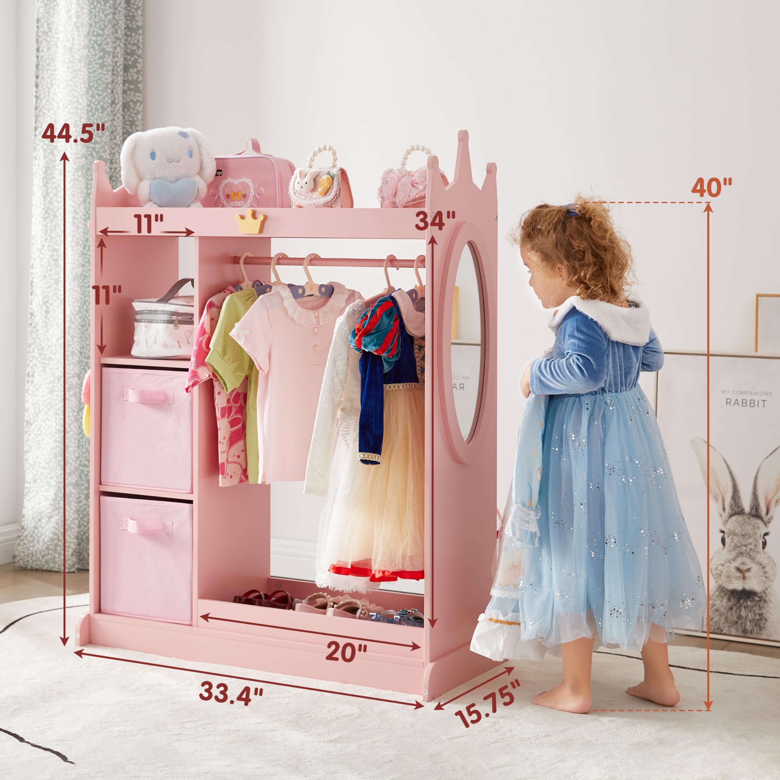Pink Kids Dress Up Storage Closet with Mirror, 2 Storage Bins & Cloth Hanger - Playroom Armoire Dresser for Pretend Play, Bedroom & Kids Room Organization - Perfect for Dress-Up Games & Toy Storage