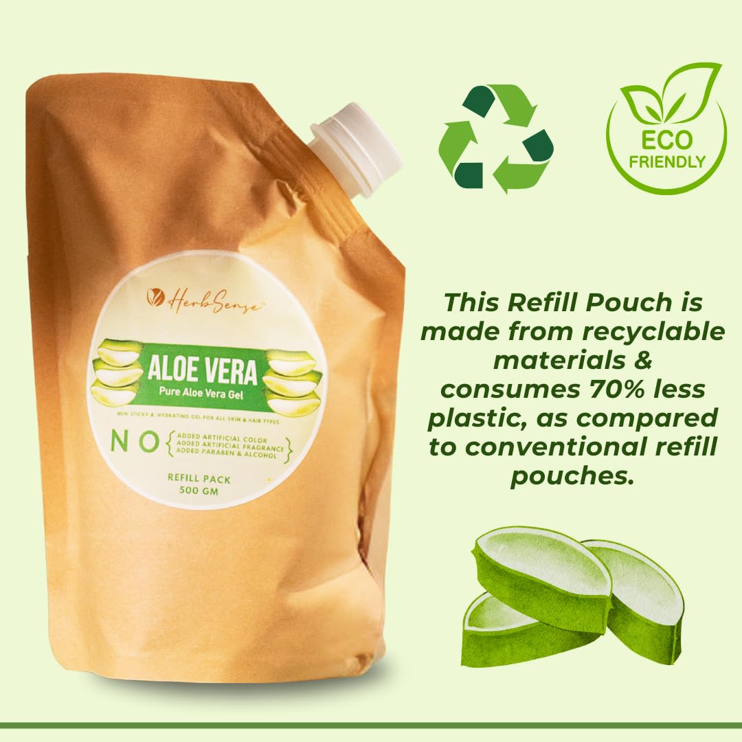 Herbsense Pure Aloe Vera Gel Refill Pack - 17.6oz Multipurpose Skin & Hair Care Gel for Hydration, Sunburn Relief & Scalp Treatment - Ideal for Face Moisturizer, After Sun Care & Hair Conditioning