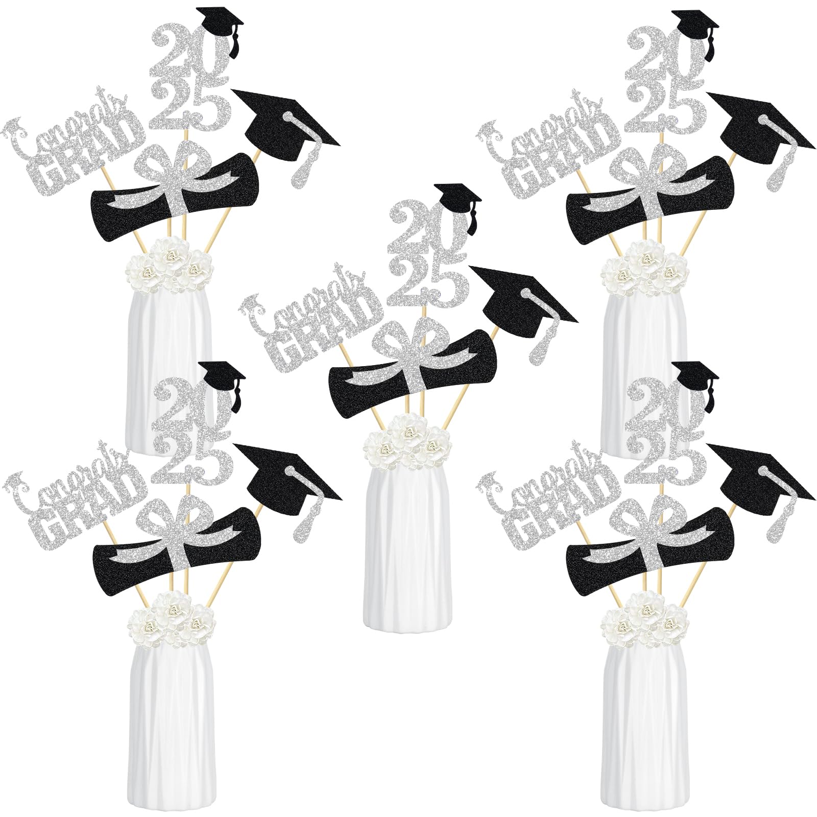 2025 Silver Graduation Party Centerpieces - Elegant Table Decorations & Centerpiece Sticks for Graduation Ceremonies, Parties, and Celebrations - Perfect for Class of 2025 Decor